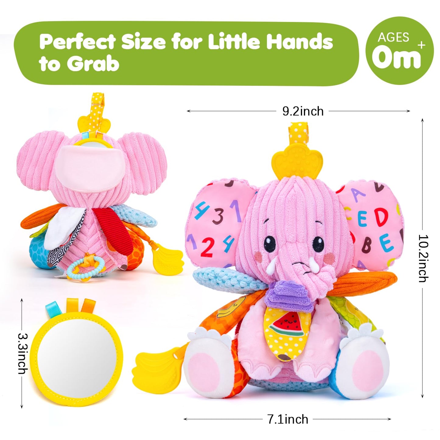 Baby Girl Toys 0-6 6-12 Months, Sensory Musical Toddler Toy for 3 4 5 6 7 8 9+ Months, Pink Elephant Plush Infant Toy with Teether, Crinkle, Rattle Baby Mirror for Tummy Time Newborn
