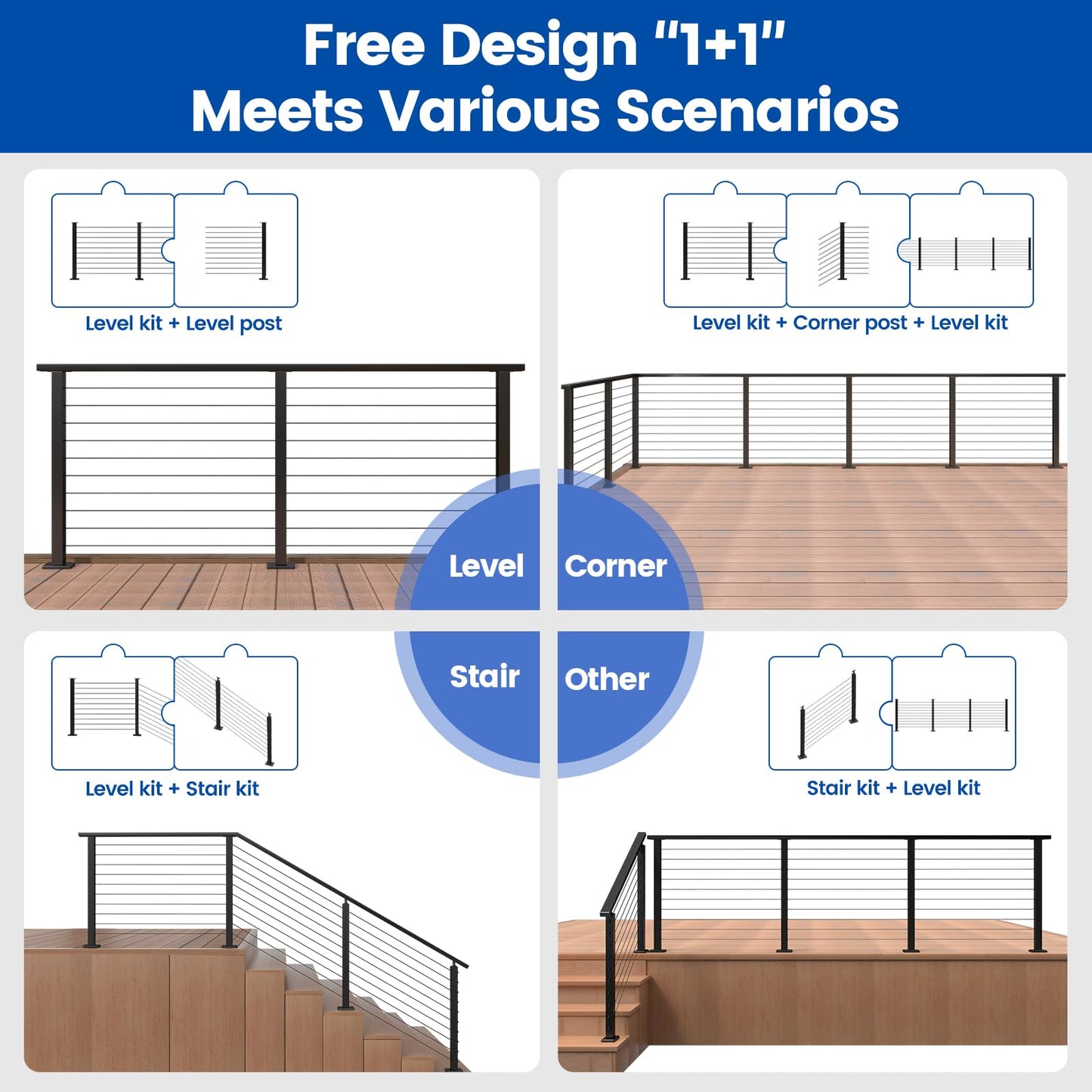 Muzata 15-20FT Modular Black Cable Railing Kit 36 Inch 4 Level Post Kit Complete Set Cable Railing System for Decks Length Adjustable Easy DIY with Paper User Guide (No Handrail) RWS2 BH4S