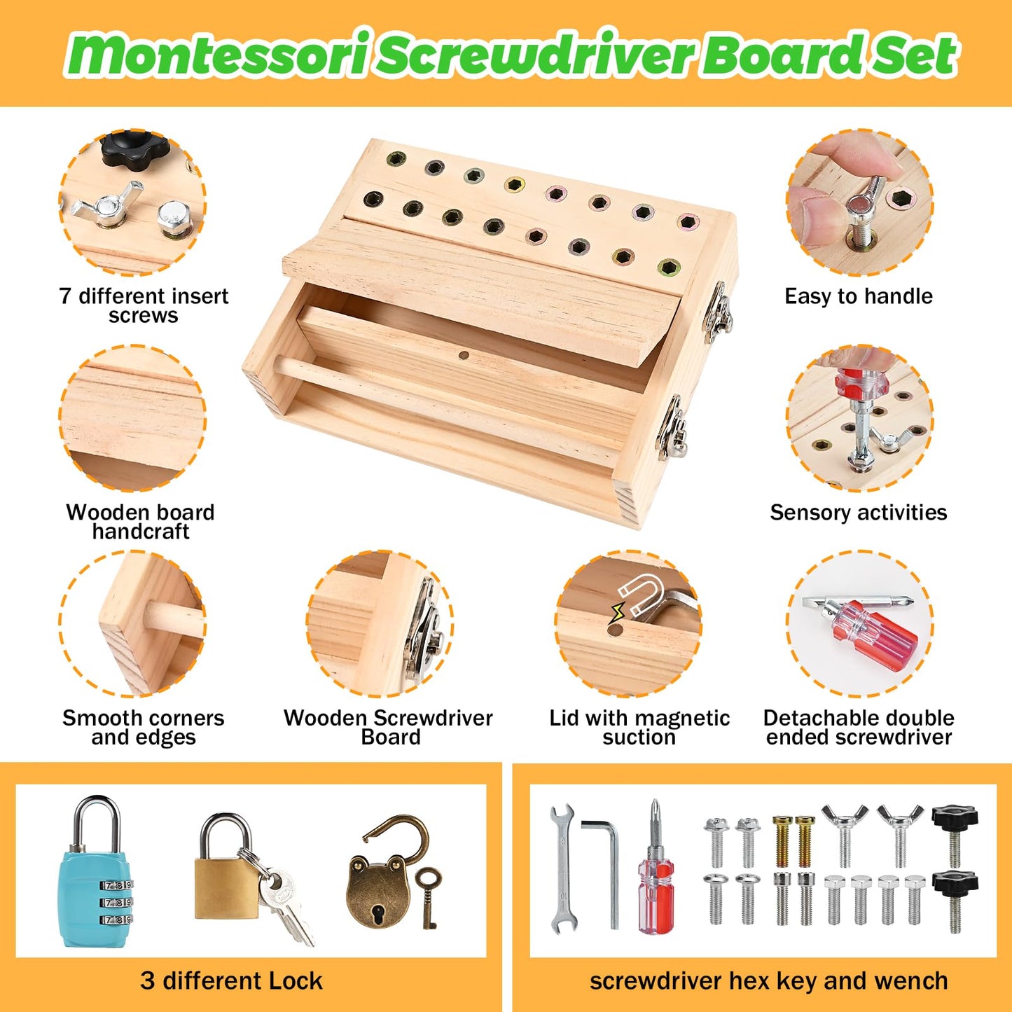 WoodTrove Montessori Screwdriver Board Set, Montessori Toys for 3 4 5 with 3 Lock and Keys, Toddler Screwdriver Toy, Kids Tool Set, Preschool Learning Sensory Toy, Fine Motor Skills Toys