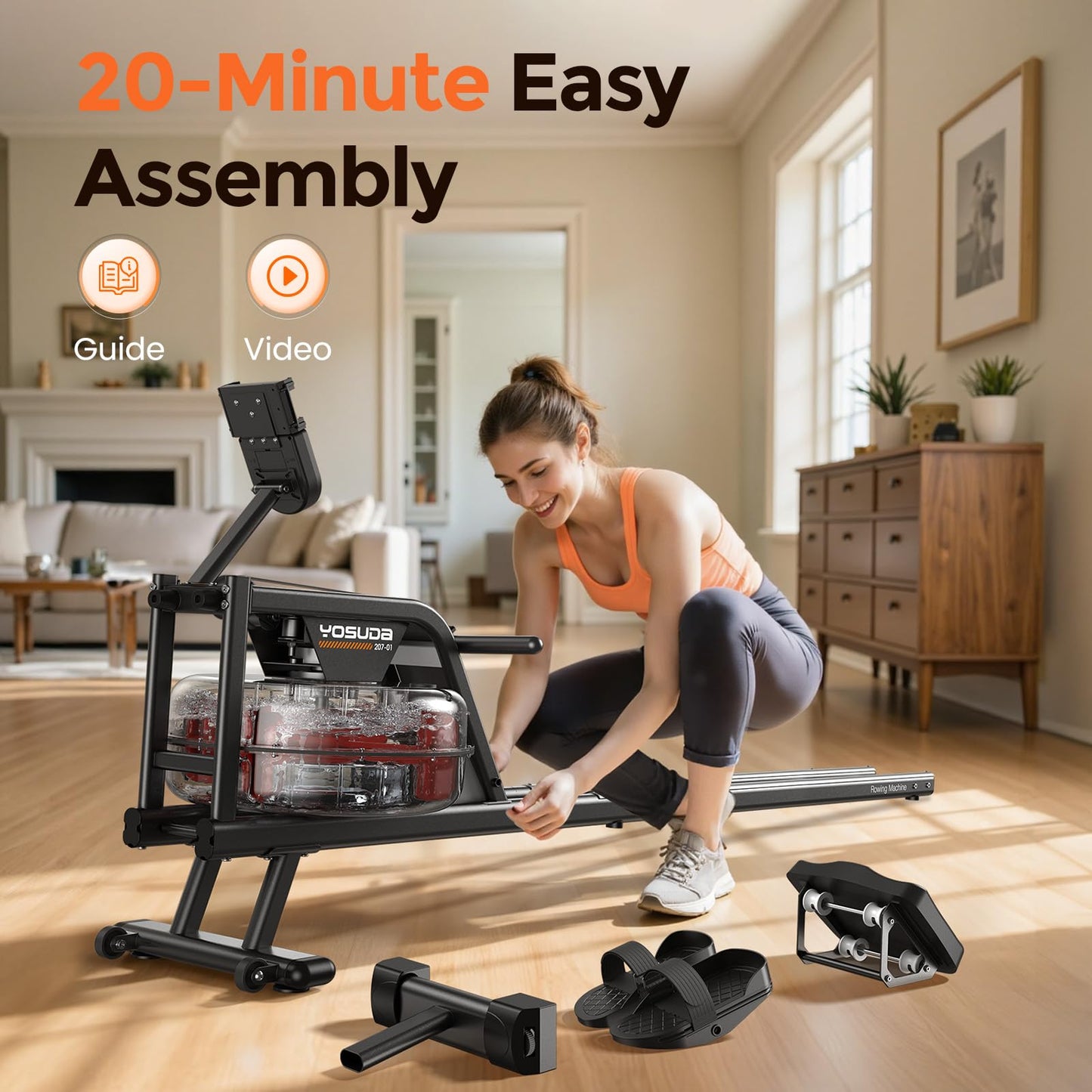 YOSUDA Water Rowing Machines with Bluetooth-Water Rowers 350LBS Weight Capacity for Home Use with Smooth Aluminum Dual Slide Rail & Rowing-Dedicated Monitor