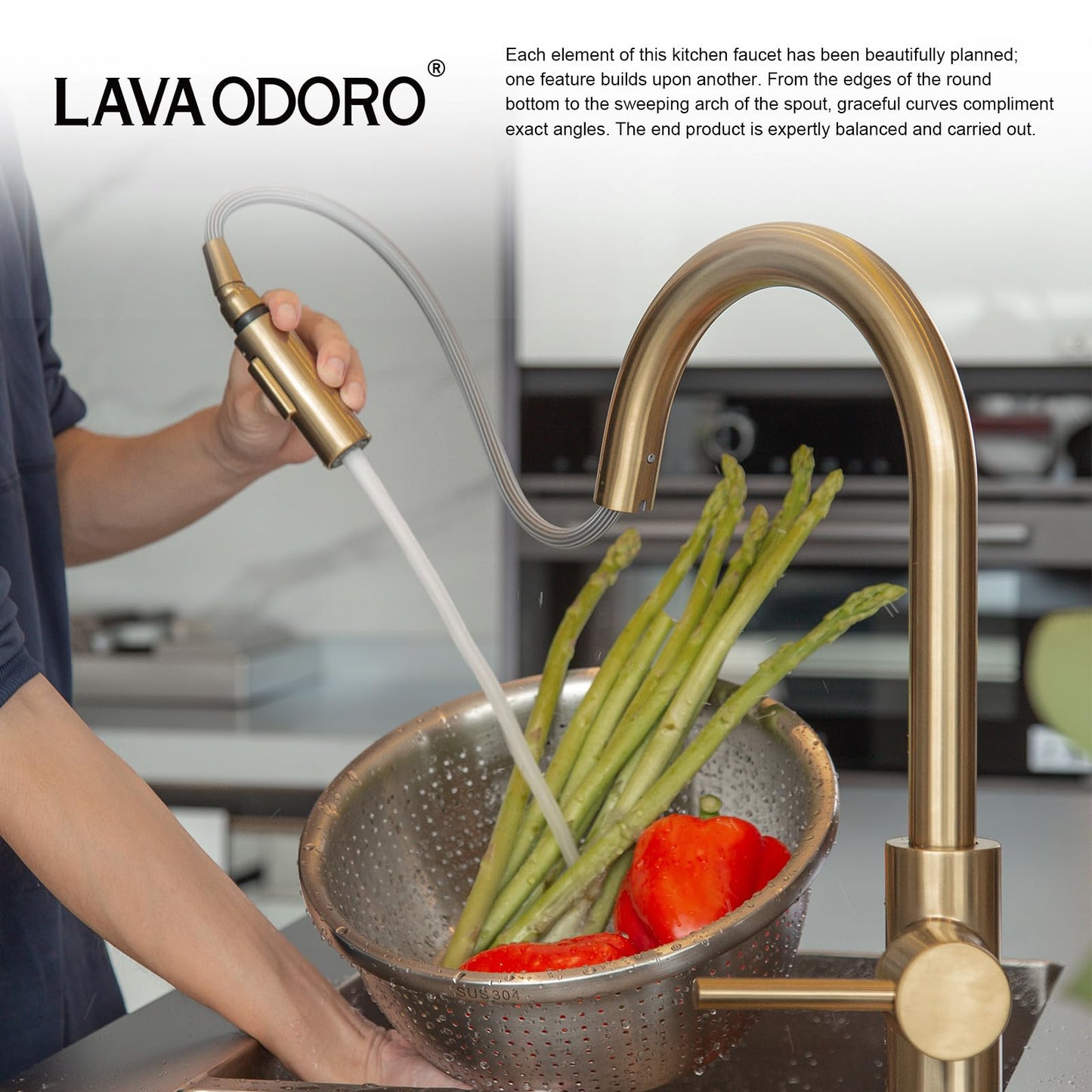 Lava Odoro Champagne Gold Kitchen Faucet with Pull Down Sprayer, Modern Kitchen Sink Faucet Single Hole Gold Faucet for Kitchen Sink with 2-Function Spray Head, Deck Plate Included, KF1120-CB