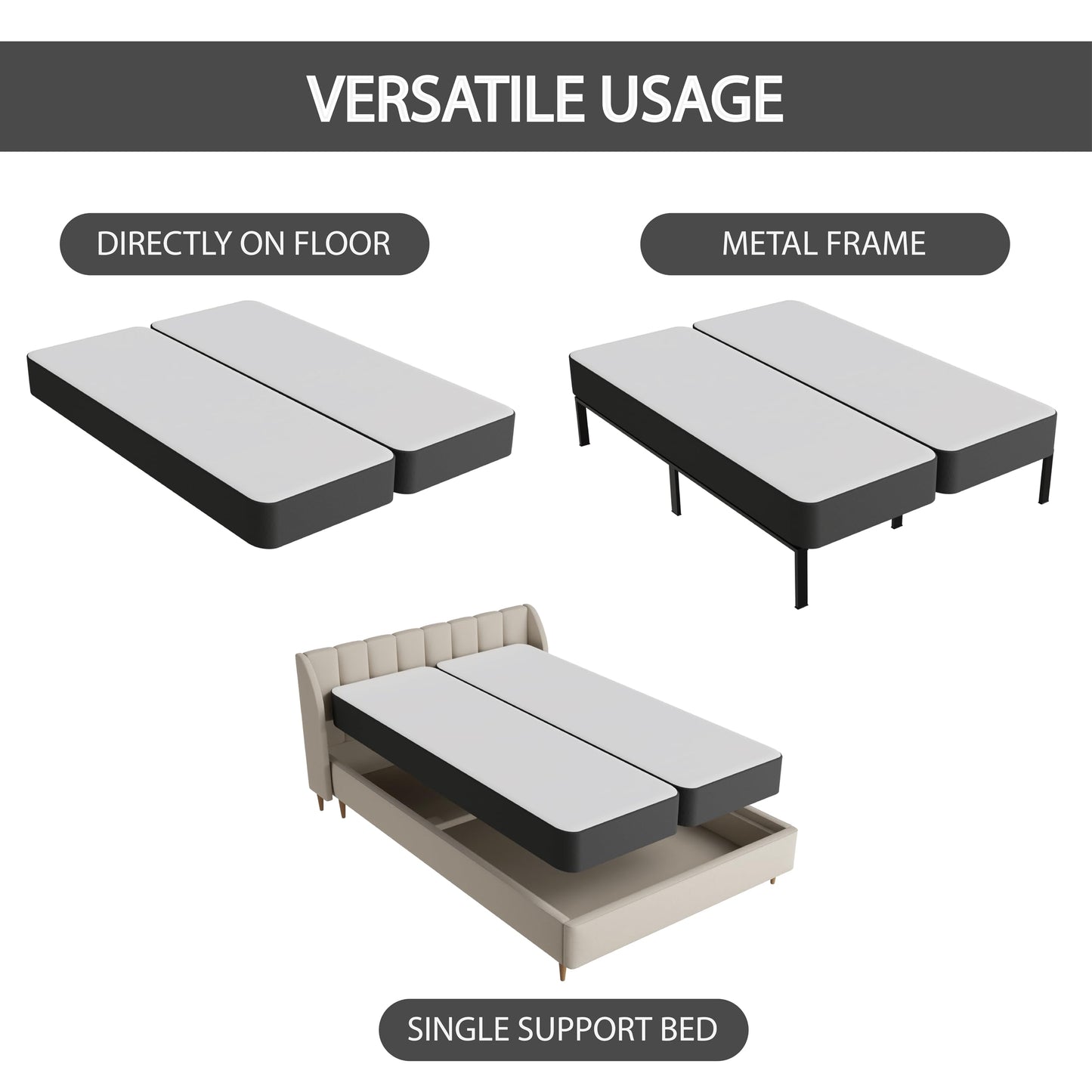 Greaton, Box Spring Bed Base Queen Size, 4-Inch Wood Mattress Foundation – Amish Made in USA – Quiet Noise Free, 2-Pieces Under Mattress-Support BoxSpring, Fully Assembled, Gray