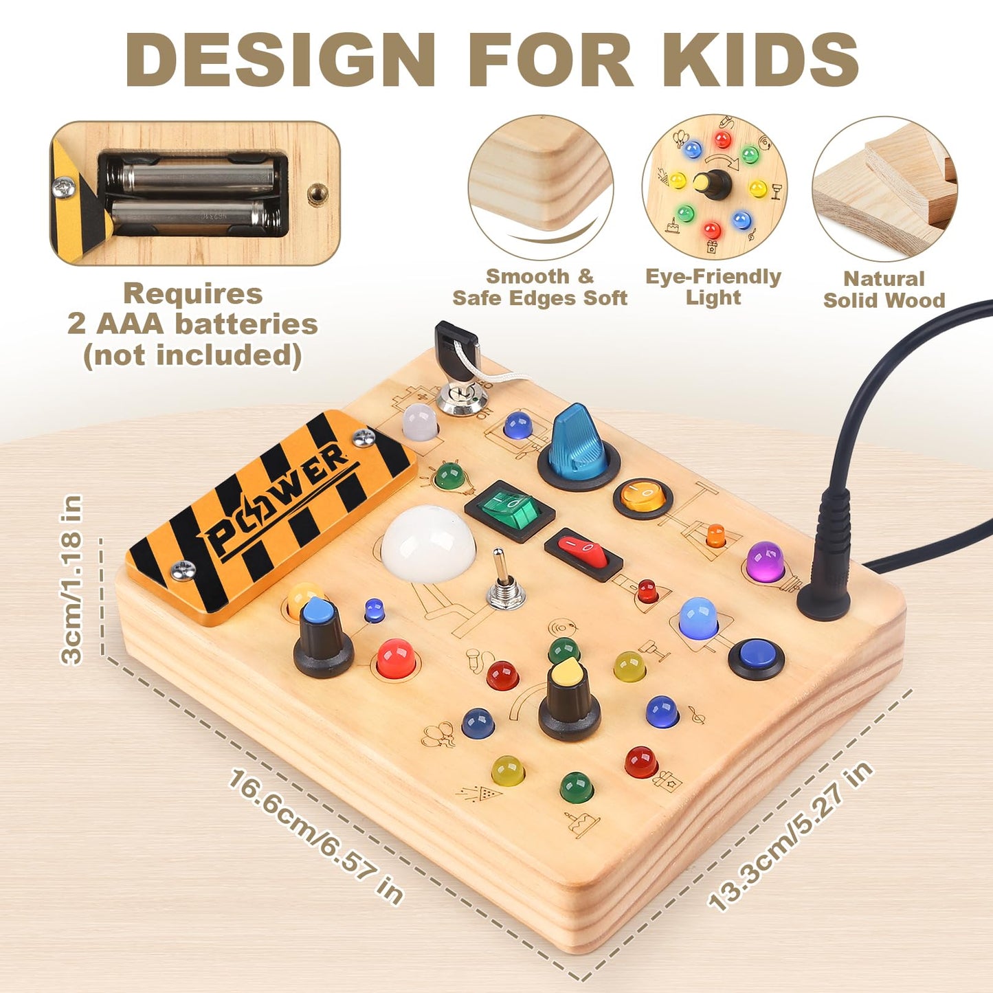 LED Busy Board for Toddlers - Montessori Sensory Toy with 10 Switches & 19 Lights, Wooden Activity Board for Fine Motor Skills, Ideal Educational Birthday Travel Toy Gift for 1 2 3 Year Old Boys Girls