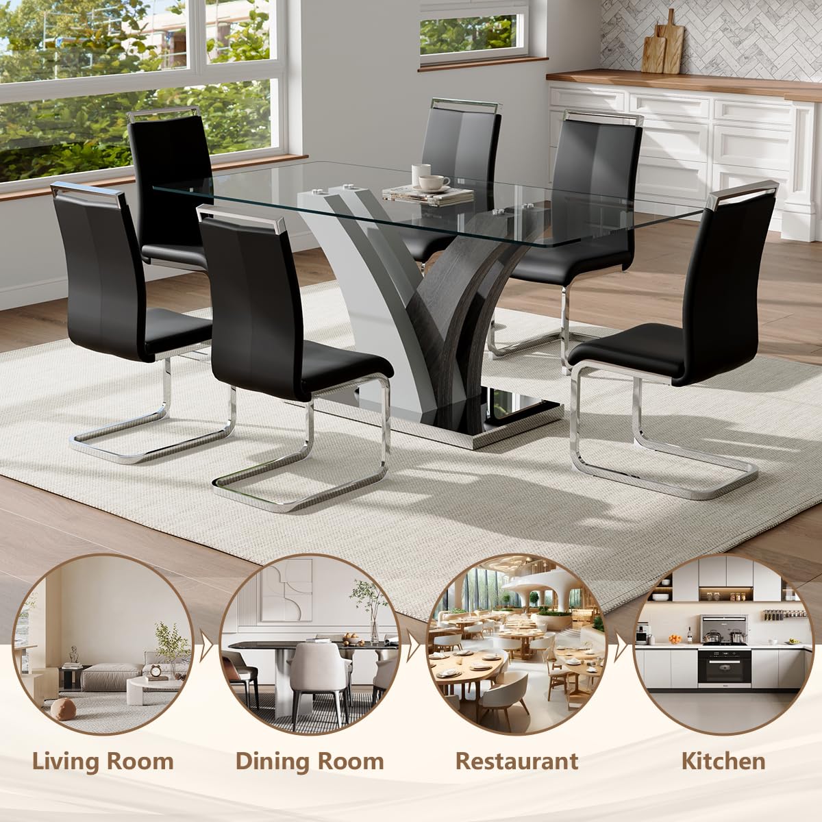 JEARGE Glass Dining Table Set for 6, 71” Kitchen Table Set for 6, Large Dining Room Table Set with PU Leather Chairs, Rectangular Tempered Glass Tabletop with Stable Silver Base