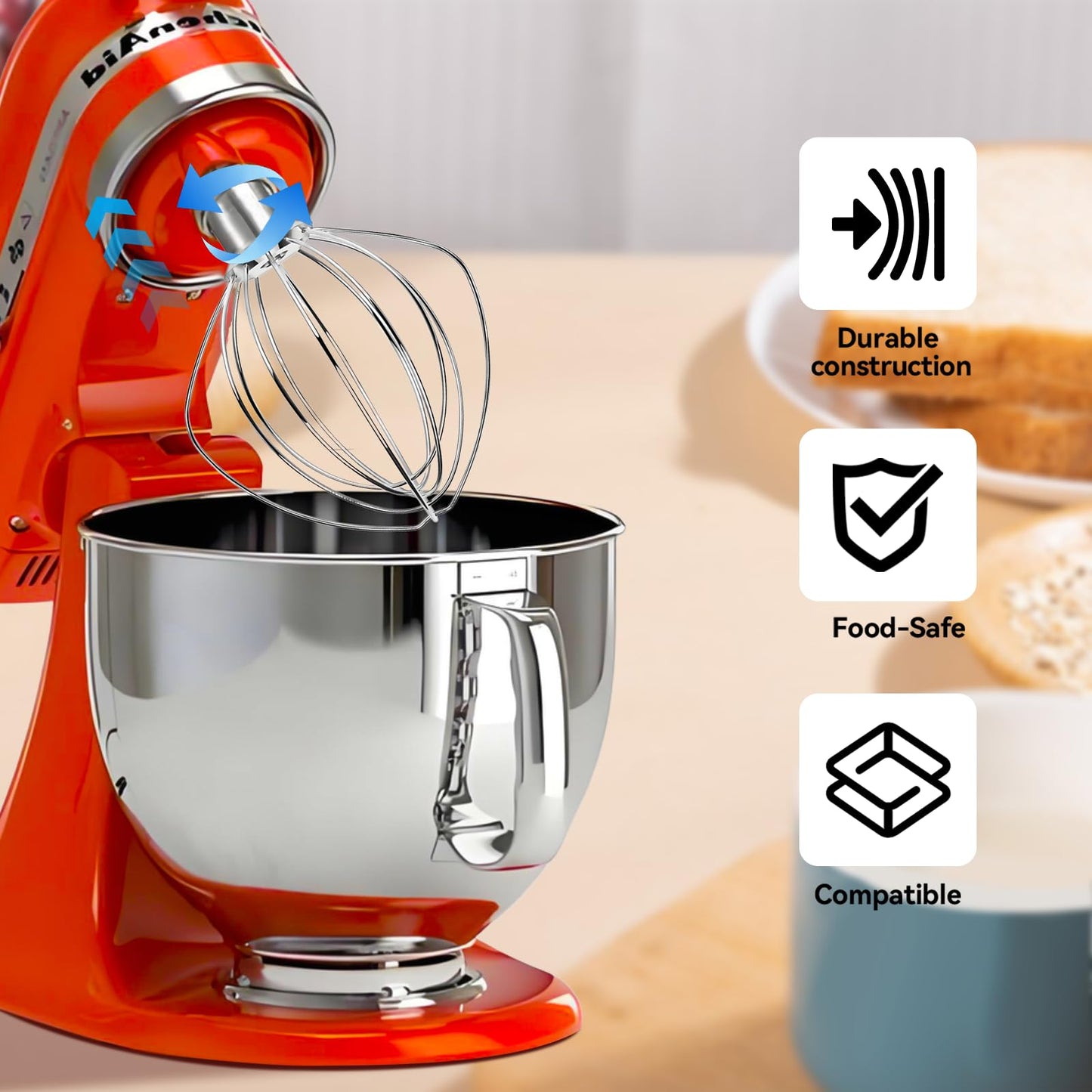 K45WW 6-Wire Whip Attachment Fits KitchenAid Tilt Head Stand Mixer - Egg Heavy Cream Beater, Cakes Mayonnaise Whisk for Kitchen Aid Mixer Accessory Replacement Parts