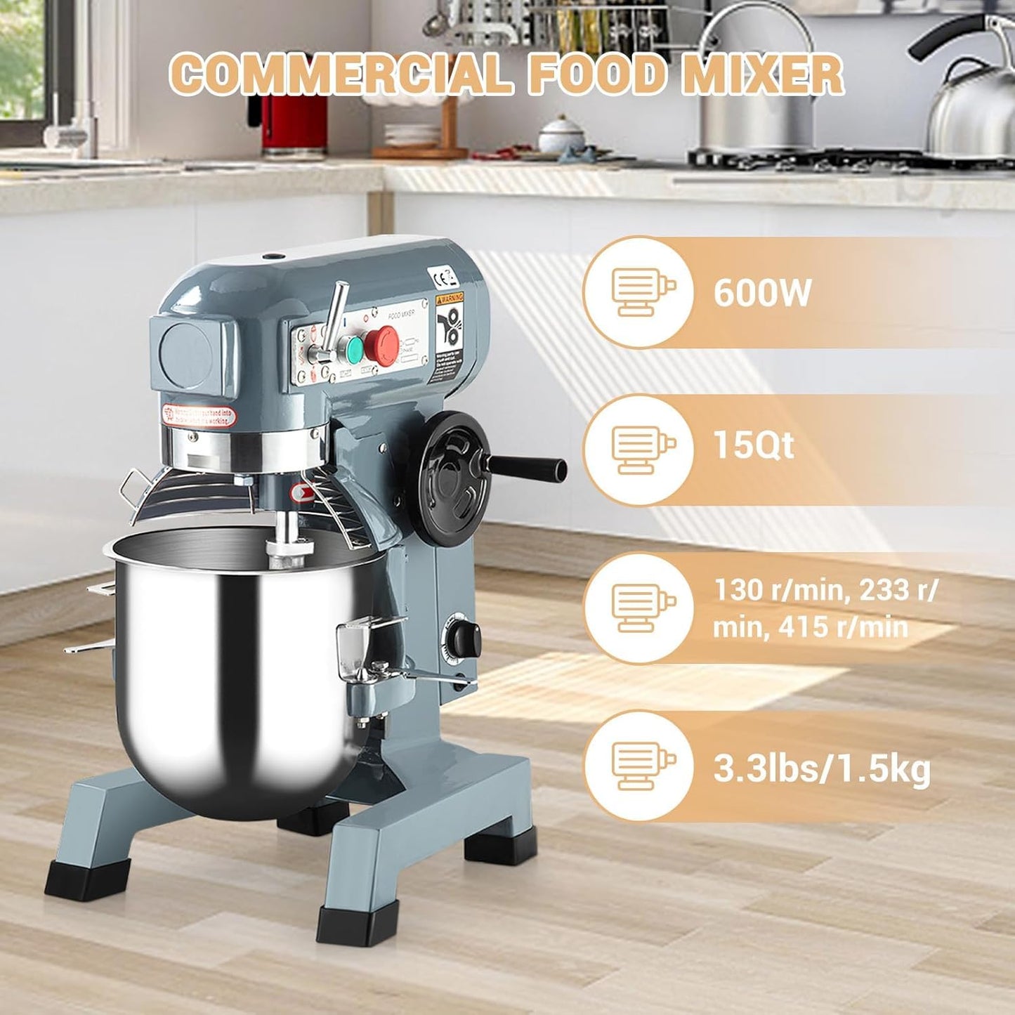 Commercial Mixer 15 QT, 600W Commercial Stand Mixer with Dough Hook, Stainless Steel Bowl Heavy Duty Mixer for Bakery Pizzeria Restaurant, 3 Speeds Adjustable(105/180/408 RPM)