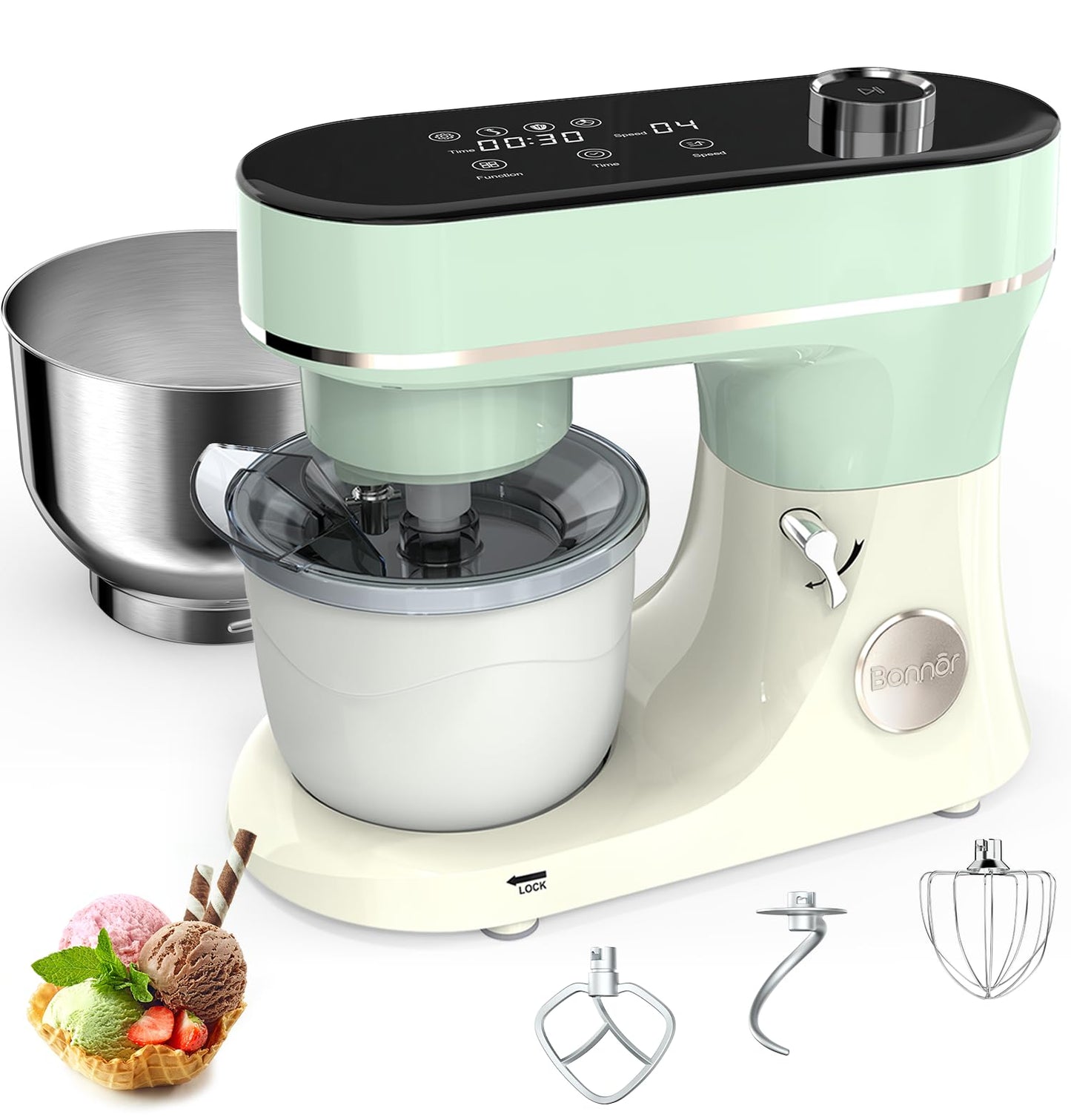 Bonnor Stand Mixer Set, 6QT Kitchen Mixer with LED Touchscreen, 11-Speed Tilt-Head Mixer with Timer, 4 Preset Menus, Stainless Steel Bowl, Hook, Whisk, Beater,Plus 2QT Ice Cream Maker Attachment