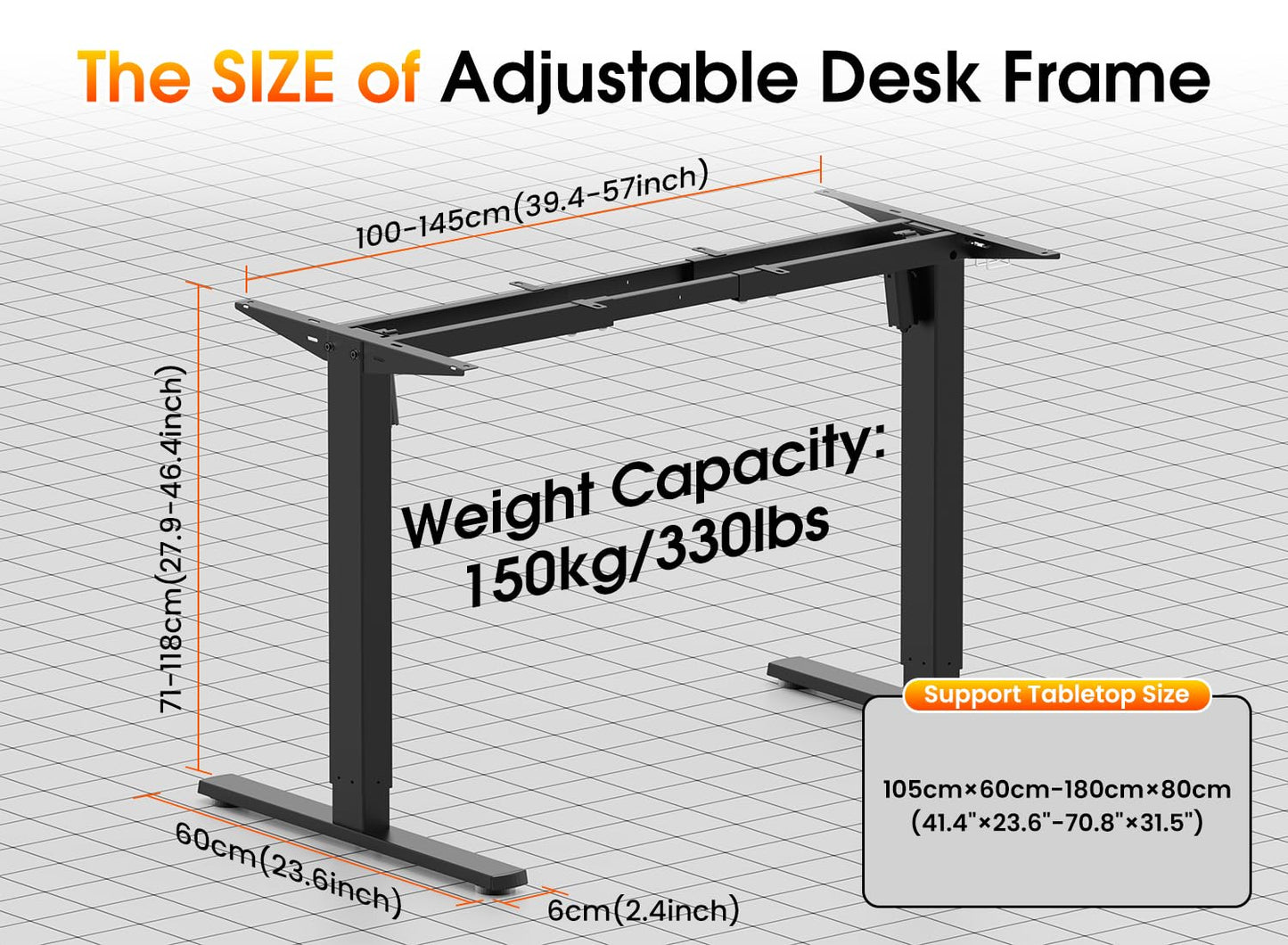 Xyndyx 330 lbs Capacity Dual Motor Electric Standing Desk Frame, Height Adjustable Sit Stand up Desk Legs Base Workstation, Anti-Collision Function, 2 Hooks, Black Frame Only