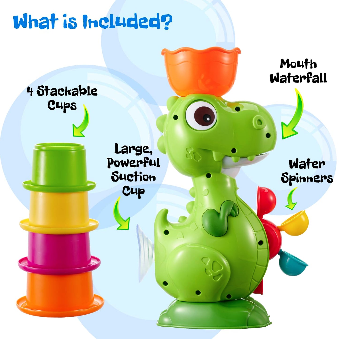 Dinoland Dinosaur Bath Toys for Kids Ages 1-3, Baby Bath Toy with 4 Water Cups and Spinning Wheels, Fun Educational Bathtub Toy for Kids Age 2-4 Boys and Girls, Suction Cup Wall Mount