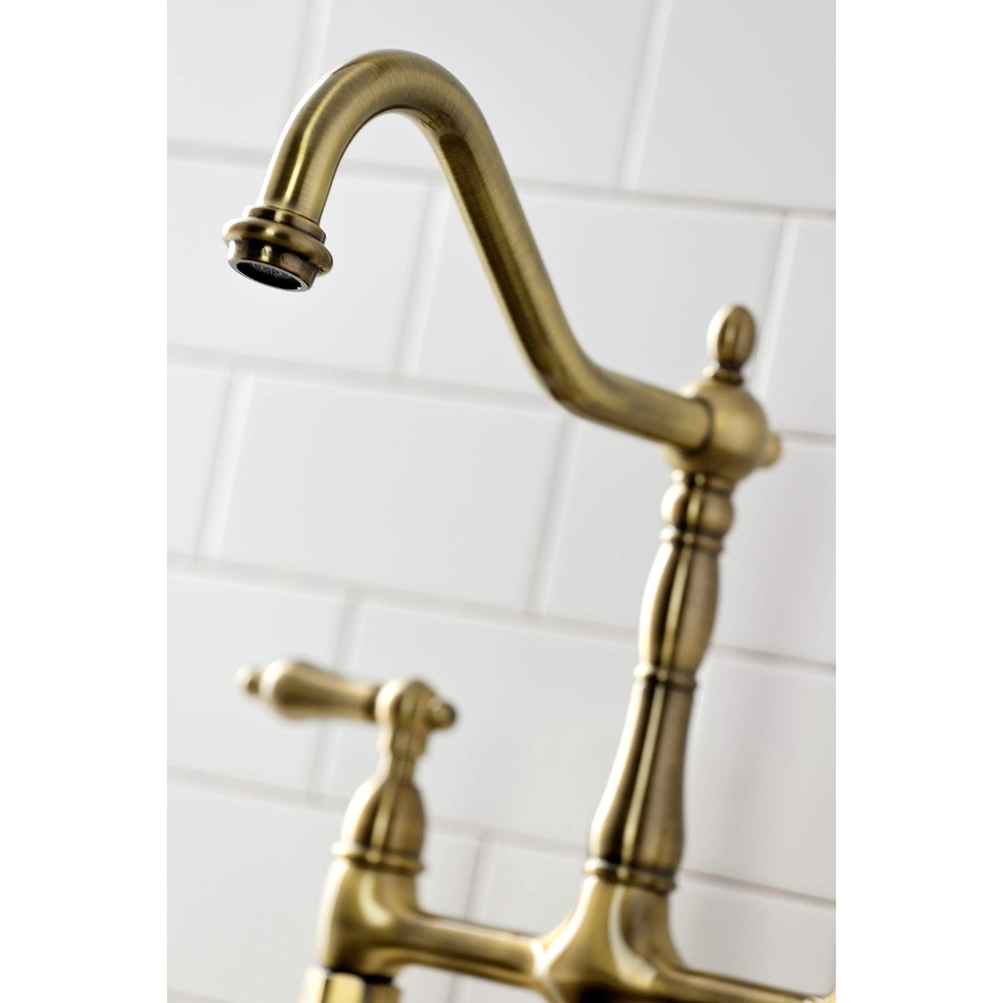 Kingston Brass KS1273ALBS Heritage 8-Inch Kitchen Bridge Faucet with Brass Sprayer, Antique Brass