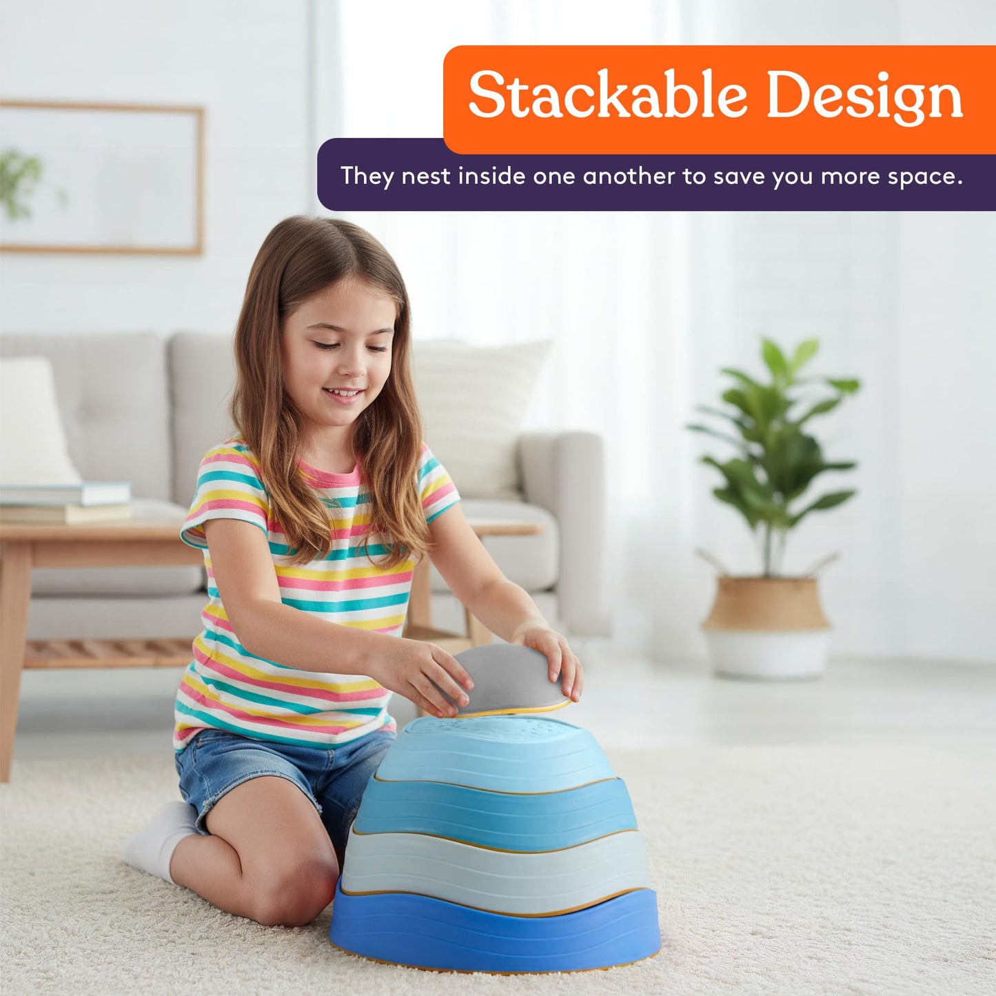 Special Supplies Stepping Stones for Kids, 5 Balance Indoor and Outdoor Blocks Promote Coordination, Balance, Strength, Child Safe Rubber, Non-Slip Edging, Stackable (Ocean)