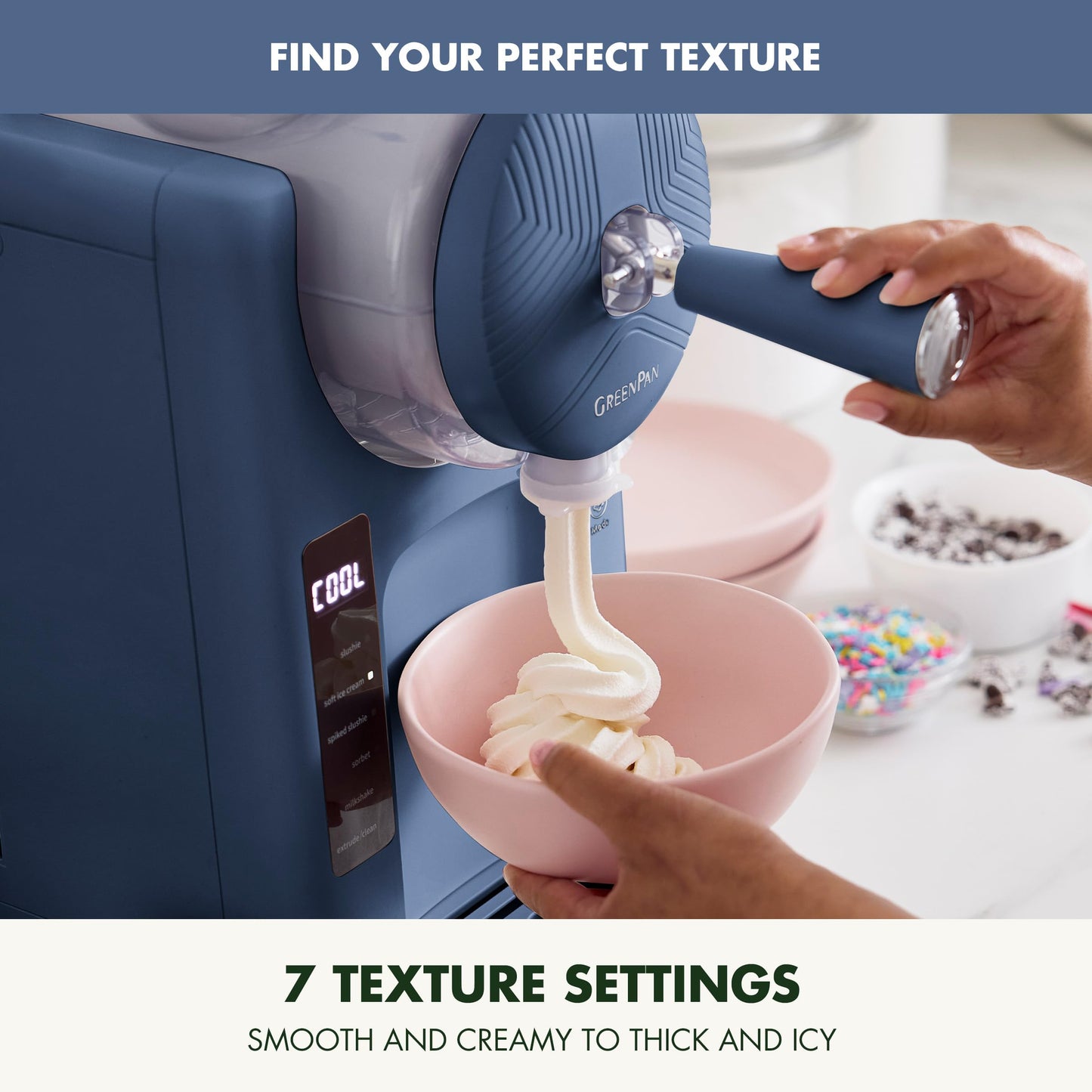 GreenPan Frost Ice Cream Maker & Slushie Machine, Soft Serve, Sorbet, Margaritas, Milkshakes, Frozen Yogurt, No Pre-Freezing, Ready in 15 Mins, 6 Modes, 7 Textures, Self-Cleaning, Family Size, Blue