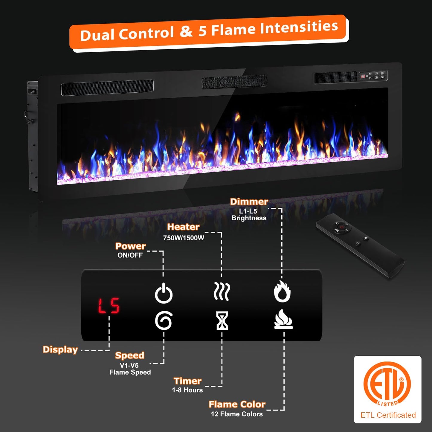 72 Inch Electric Fireplace, Ultra-Thin Fire Places Electric Fireplace Inserts Recessed and Wall Mounted with Remote Control & Touch Screen, 750W/1500W Fireplace Electric Heater with Timer, Multi-Flame