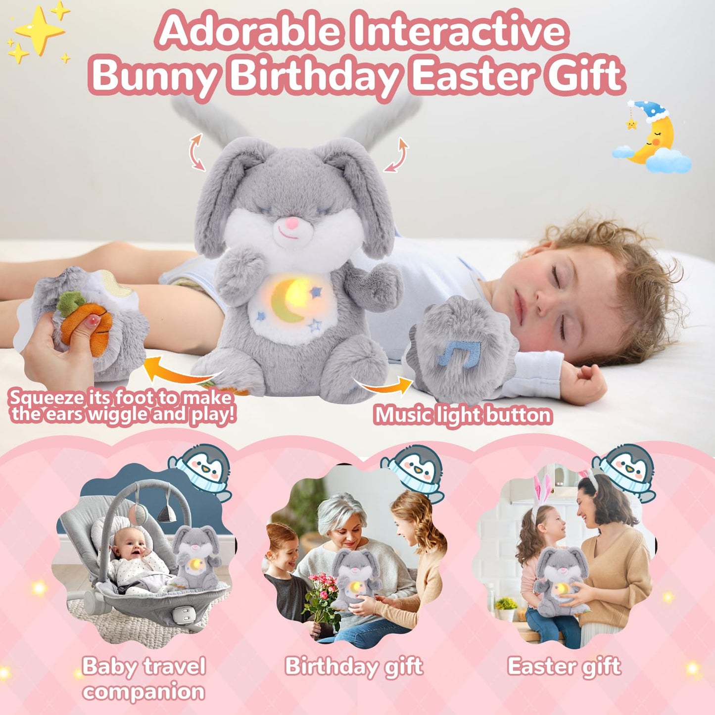 MILEGI Breathing Stuffed Animal, Soothe Snuggle Penguin & Bunny Plush, Sleep Buddy Soothing Breathing Plush for Anxiety Adults and Kids, Penguin Plushie with Realistic Breathing and Lights Music