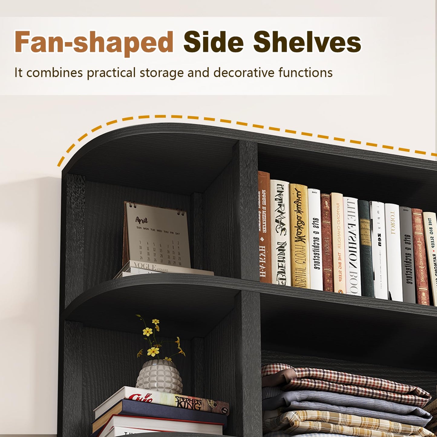 TVU 5-Tier Wood Book Shelf, 47" Wide Large Bookshelf and Bookcase, 62" Tall Bookshelf with Curved Side Shelves, Freestanding Wood Display Book Shelves for Living Room, Home Office, Black