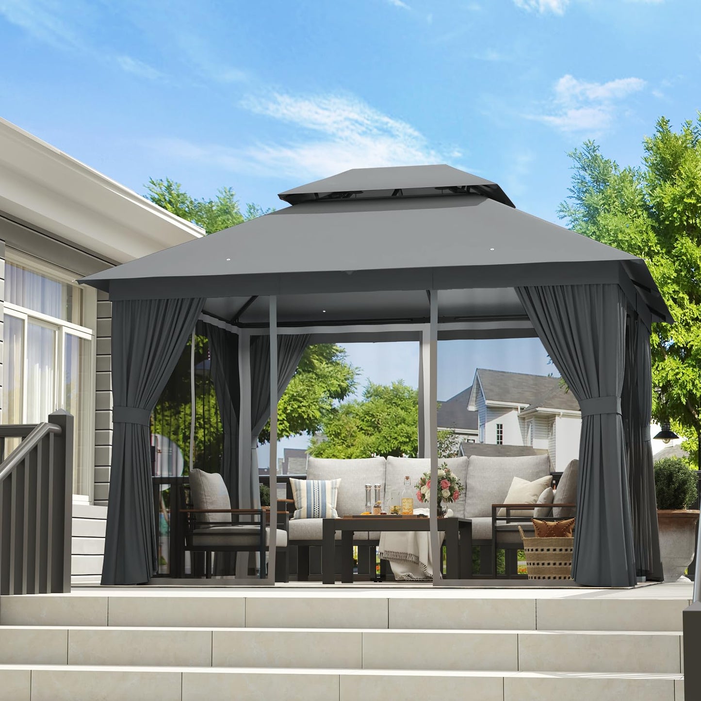 Aoxun Outdoor Gazebo for Patio 10x12, Metal Frame Canopy with Double Roofs, Heavy Duty Party Tent and Shelter with Mosquito Netting and Privacy Screen for Backyard, Lawn, Garden, Deck