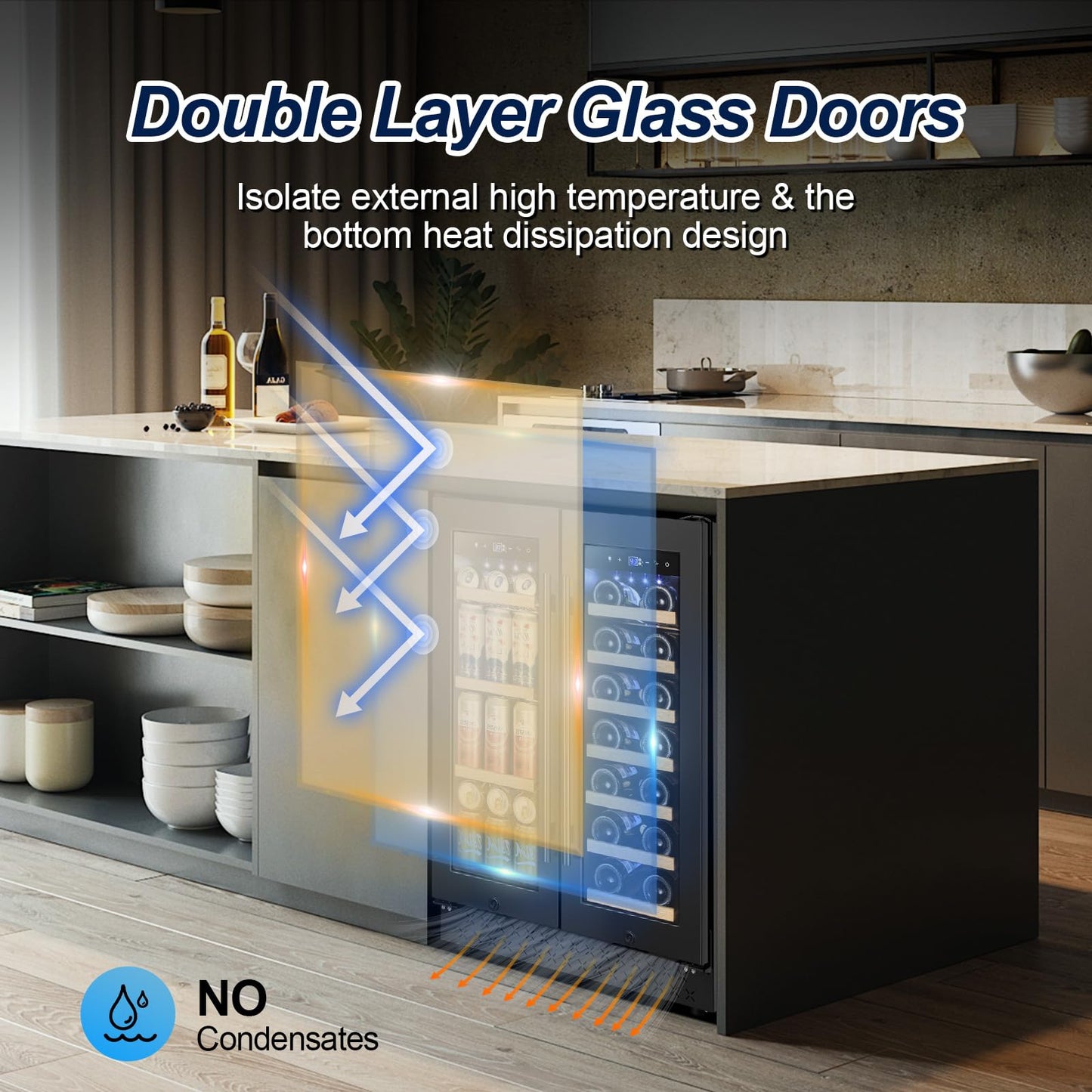 Wine and Beverage Refrigerator with Glass Door, 24-Inch Dual Zone Wine Fridge Under-Counter,4.6 Cu.Ft. 65 Cans and 20 Bottles Wine Cooler,Built-in or Freestanding Wine and Drink Fridge with Blue Light