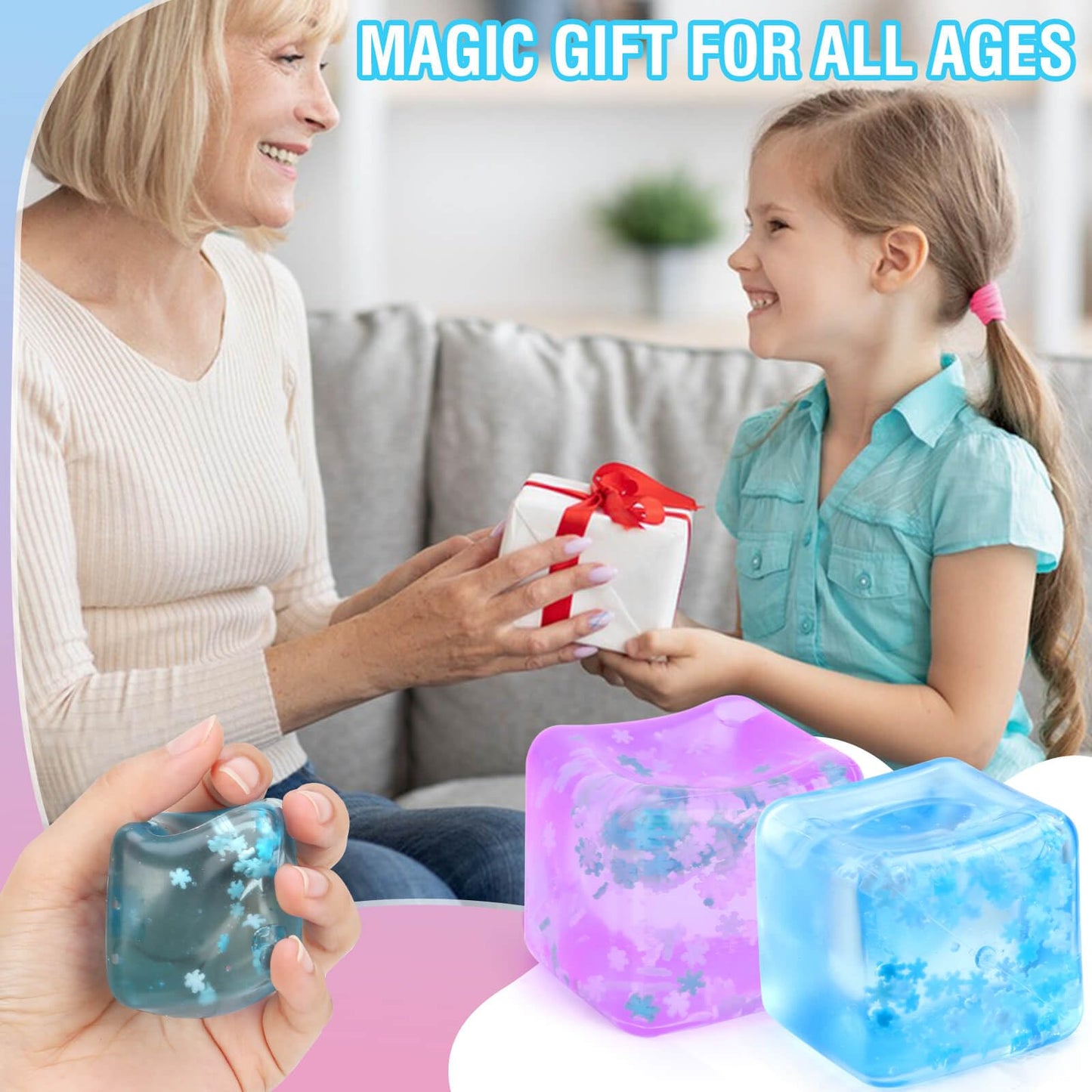 Gretex Fidget Toy for All Ages: 2 Pack Soft Sensory Fidget Ice Cube Stress Ball Squishy Cube Stress Relief Toys for Kids, Teens and Adults Party Favors, Birthday Gift for Kids Age 3+, Blue Purple