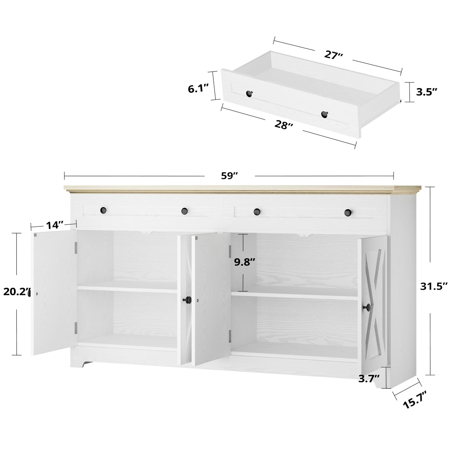 IRONCK Buffet Cabinet with Storage, Sideboard Storage Cabinet, Kitchen Cabinet with Drawers and Doors, Natural Wood