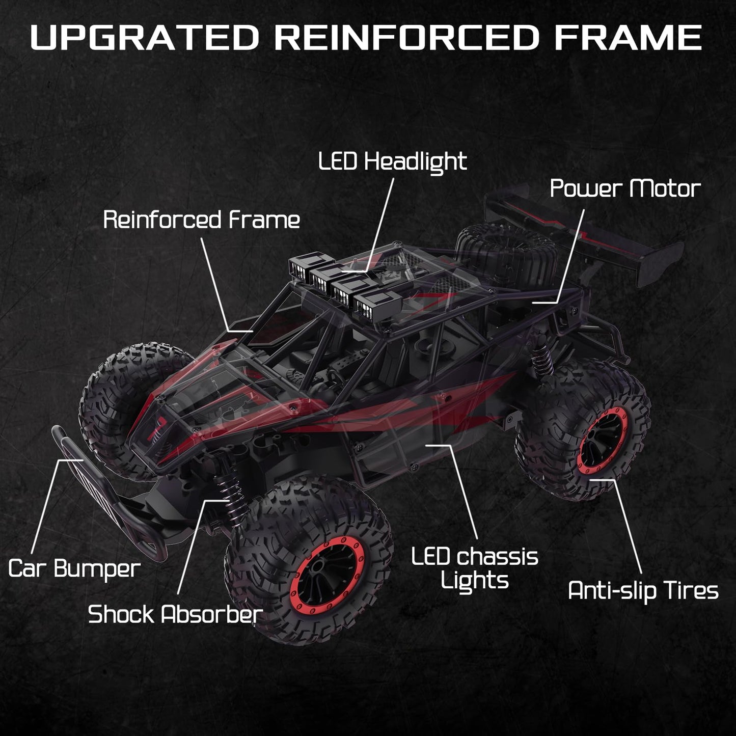 LARVEY 1:16 Scale Remote Control Car, 20 Km/h High Speed Remote Control Truck Off Road RC Monster Vehicle with LED Headlights and Chassis Lights, Electric Toy for Boys Kids and Adults