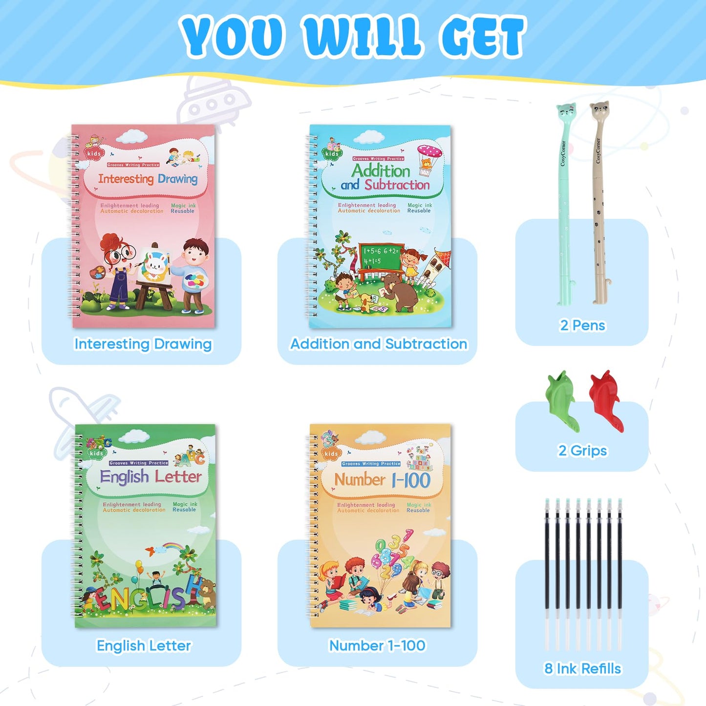 Magic Ink Copybooks for Kids Reusable Handwriting Workbooks for Preschools Grooves Template Design and Handwriting Aid Practice for Kids