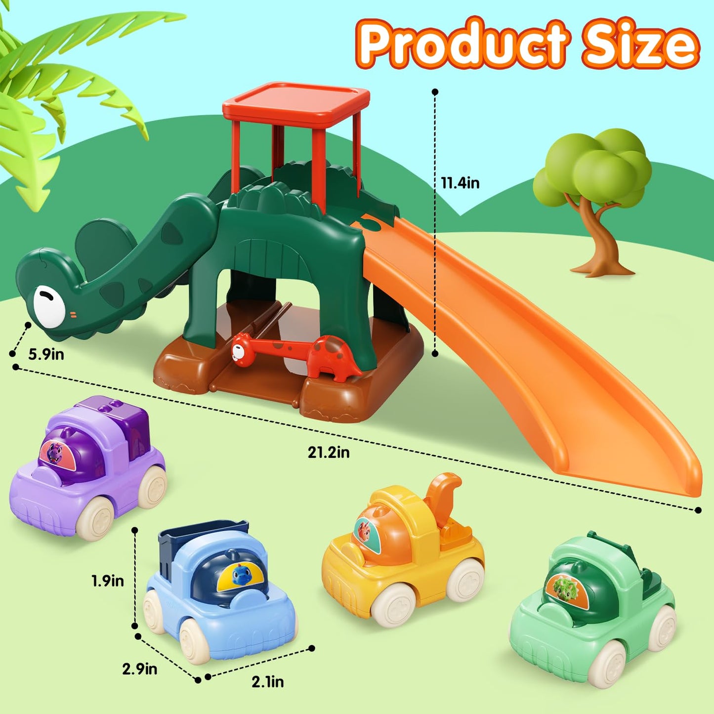 CRATIVWOOD Dinosaur Car Ramp Slide Toy for Toddlers — 4 Push Cars with Race Track, Baby Slide Indoor Toy, Montessori Learning Birthday Gift for Boys Girls 1 2 3 Year Old (Green)