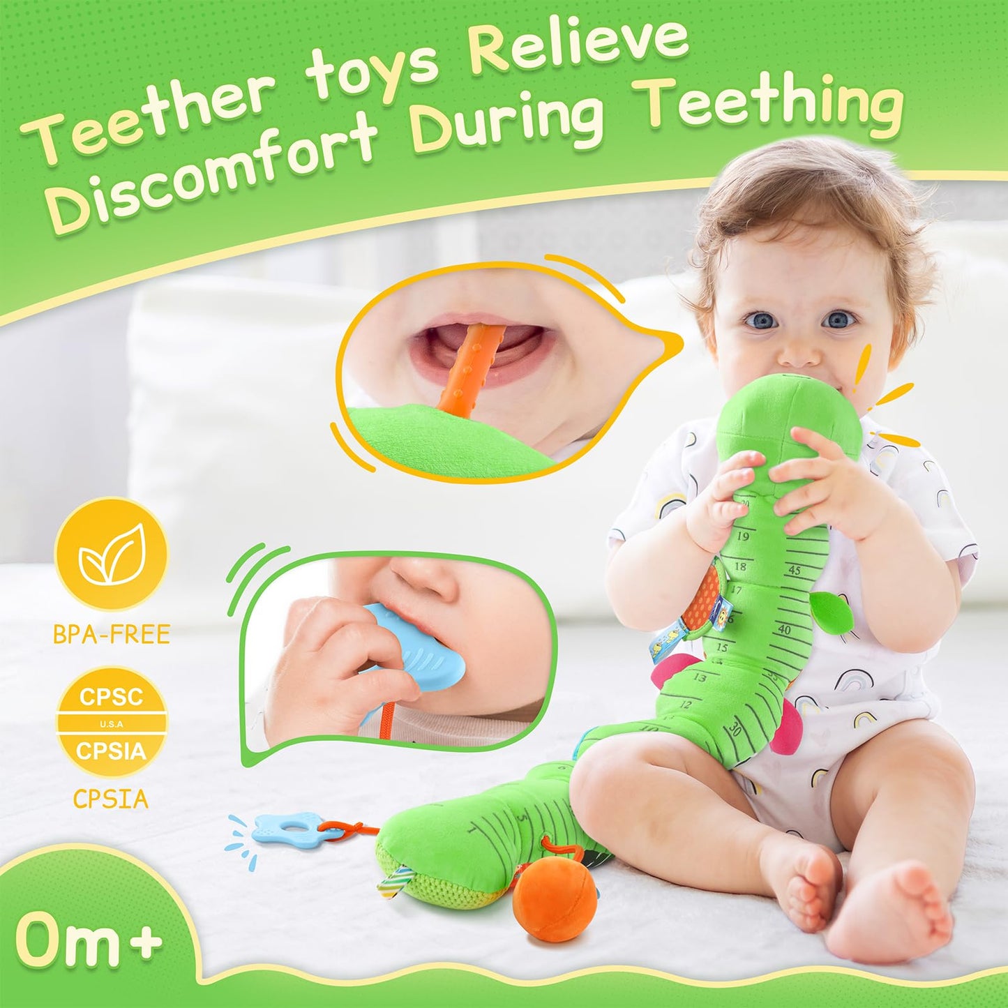 Tummy Time Baby Toys Sensory Musical Animal Stuffed Car Seat Toy for Infant 0-3-6-12 Months Newborn, Plush Caterpillar with Mirror,Crinkle,Rattle Teething Toys for Baby Boys Girls Shower Gifts, Green