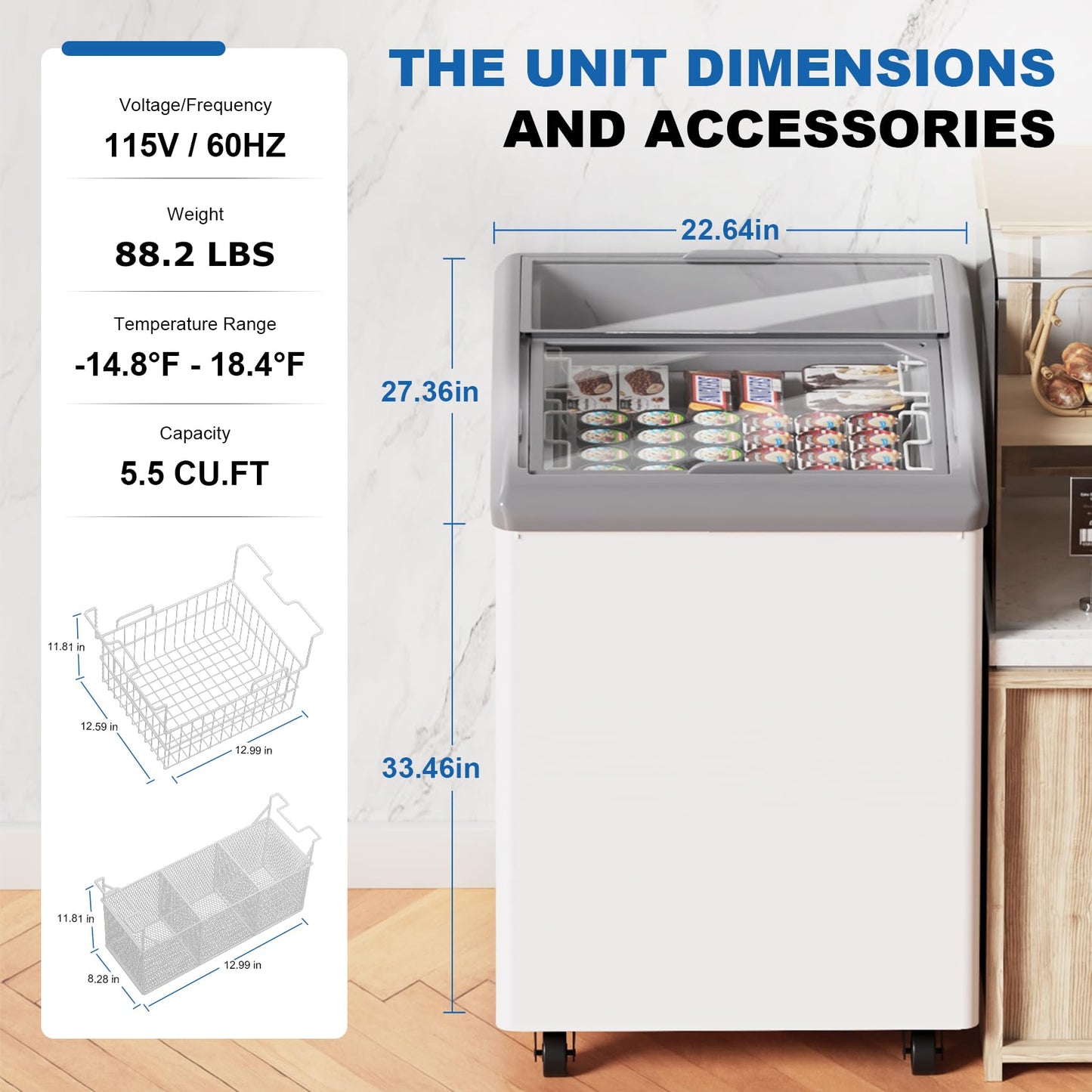 23 Inch Commercial Freezer Commercial Ice Cream Freezer Display Case with 2 Removable Wire Baskets & 2 Sliding Glass Doors - White Commercial Refrigerator for Shop Use 5.5Cu.Ft.