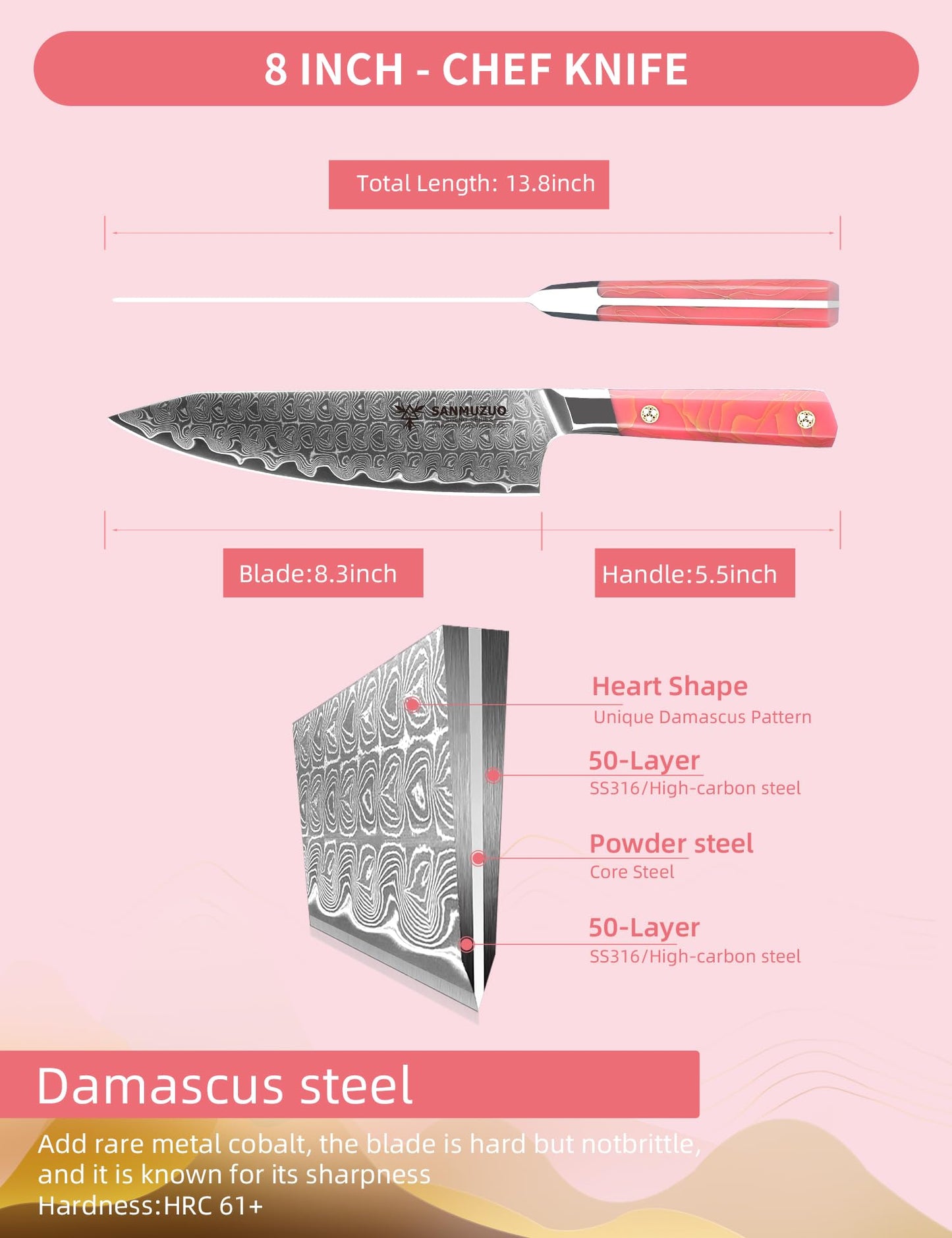 SANMUZUO Kitchen Chef Knife 8 Inch, Professional Kitchen Knife, Ultra Sharp Damascus Powder Steel with Full-tang Resin Handle, SHENG Series