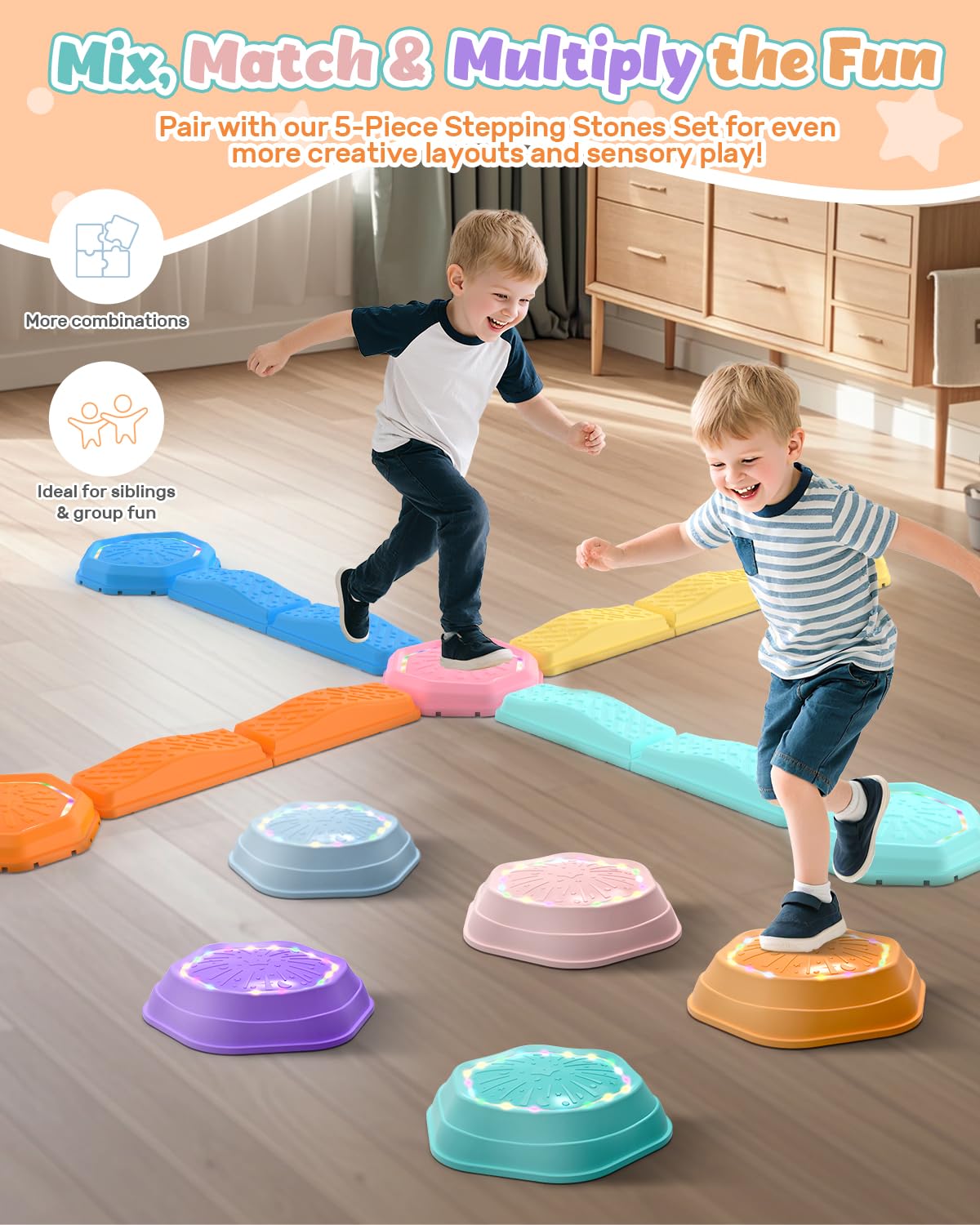 Holyton Light Up Stepping Stones for Kids with Music, 13PCS Balance Beam and Stepping Stone Set, Toddler Balance Beam Obstacle Course, Non-Slip Sensory Toys for Toddlers 3-8, Indoor Outdoor Play