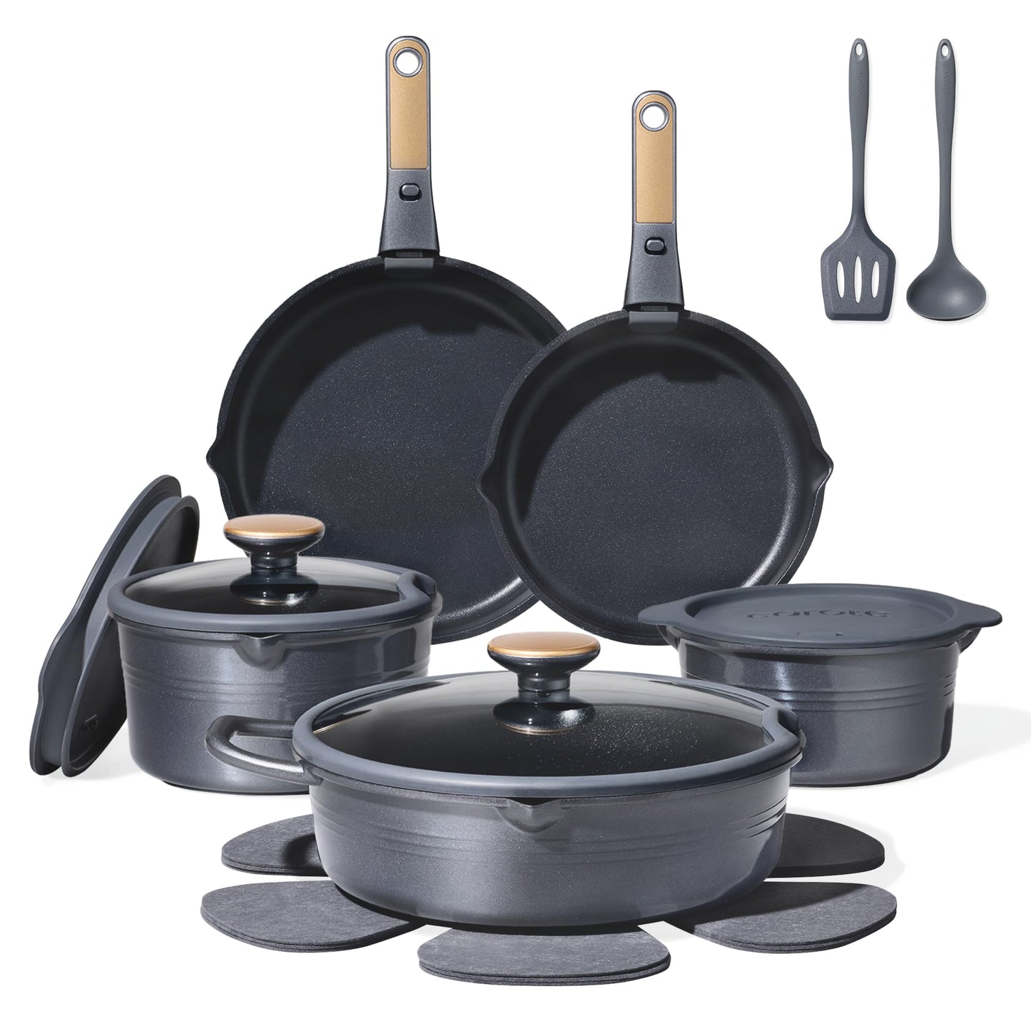 CAROTE 17Pcs Titanium Pots and Pans Set, Cookware Set Nonstick, Kitchen Cooking Set with Detachable Handle, RV/Camping Cookware, Dishwasher/Oven Safe, Grey