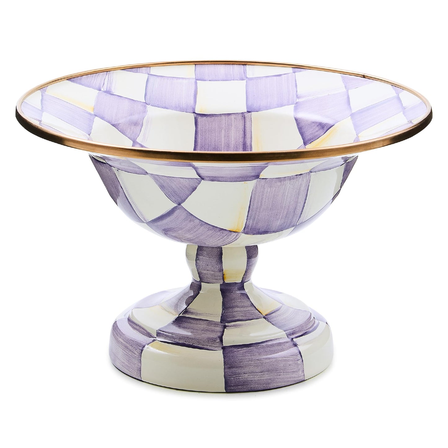 MACKENZIE-CHILDS Enamel Compote, Pedestal Serving Dish or Decorative Bowl, Small, Purple-and-White Violet Check