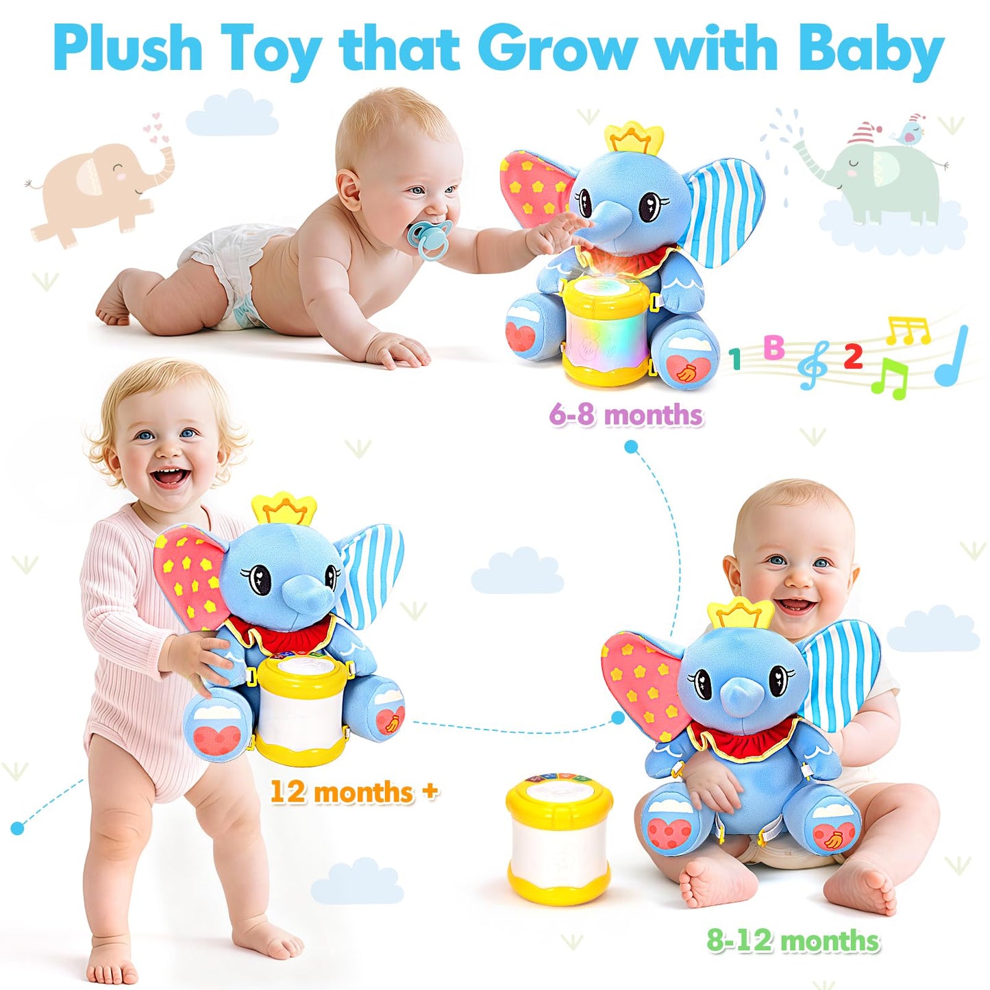 V-Opitos Stuffed Elephant Musical Toys for Baby 6-12 Months+, Early Learning Light up Music Drum, Perfect Christmas Birthday Gifts for Boy & Girl Age 1, 2 Years Old
