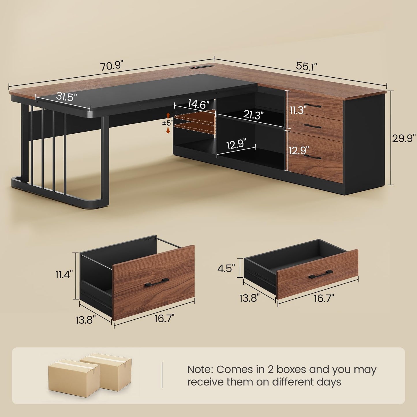 UPOSOJA 71" Executive Desk, Large Office Desk with Drawers & Storage Shelves, Modern L Shaped Computer Desk Corner Desk with Power Outlets, File Cabinet, Business Furniture Desk Workstation (Walnut)