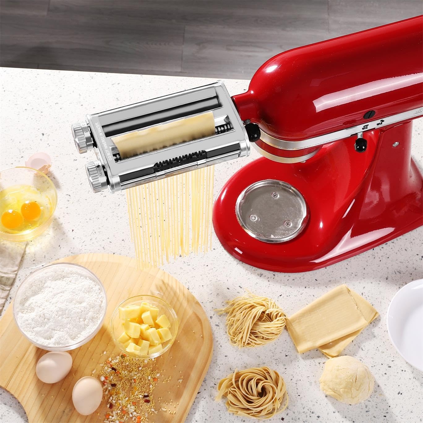 FavorKit Pasta Maker Attachment 3 in 1 Set for KitchenAid Mixers Plus Hub Knob Screw Accessory Included Dough Sheet Roller, Spaghetti & Fettuccine Cutters and Cleaning Brush