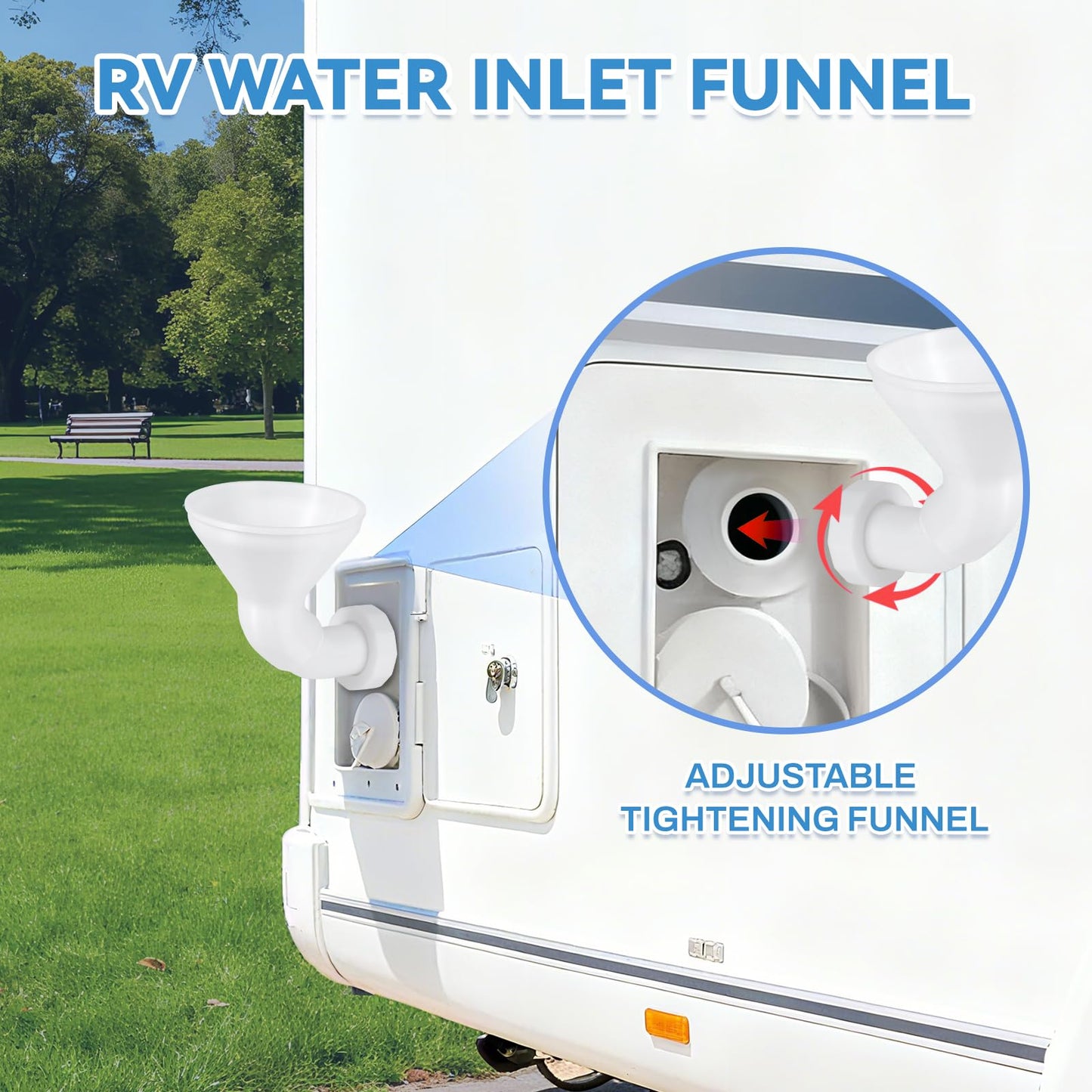 RV Water Inlet Funnel, 3.54-in Wide Mouth Gravity Fresh Water Tank Fill Funnel for Water Inlet Hatch, Travel Trailer Essentials Accessories Supplies, Screw-On Hands-Free Design