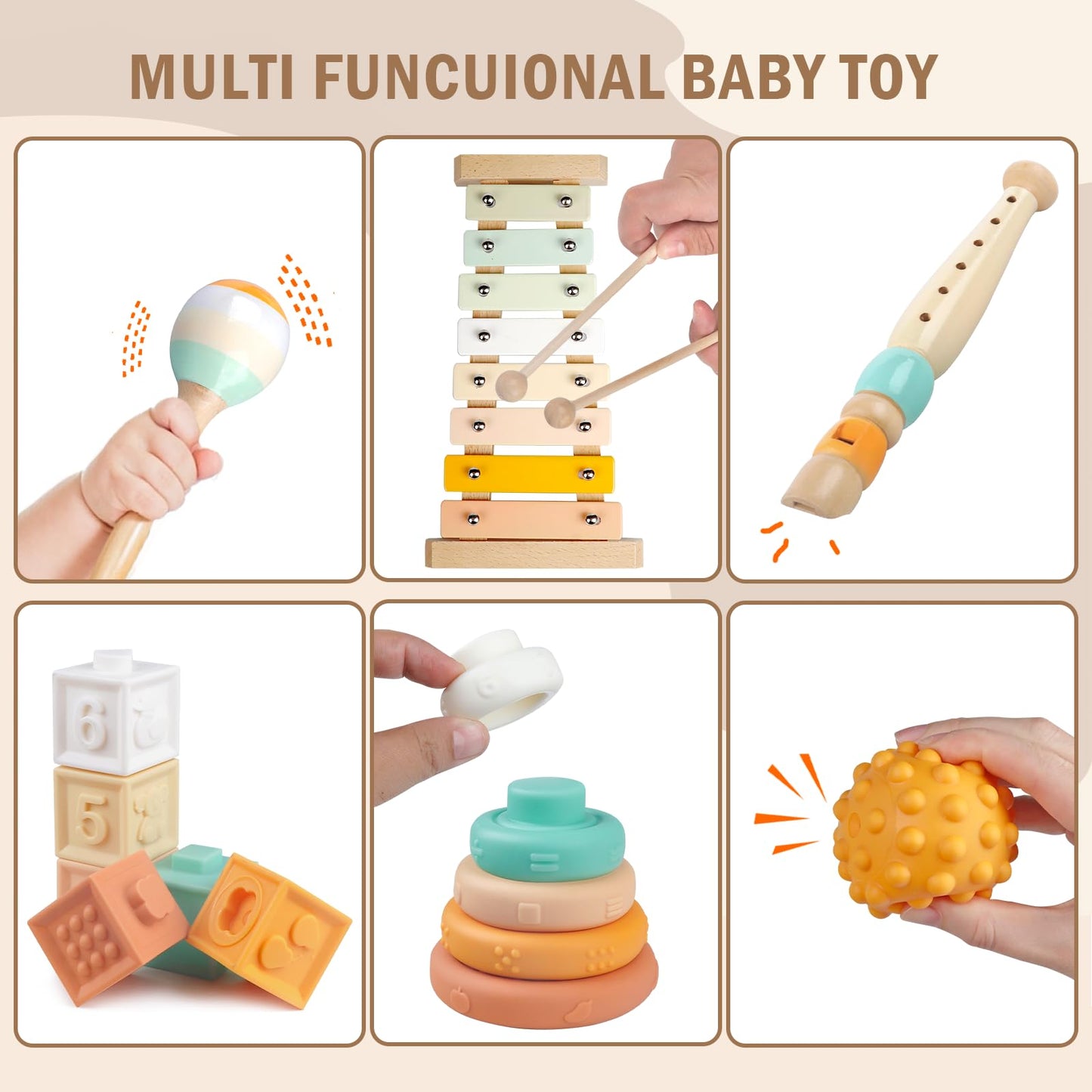 Meytccve Baby Toys Montessori Toys for Babies 1-3,Wooden Musical Instruments Toy Stacking Building Blocks,Infant Teething Toys Sensory Balls,Xylophone,Birthday Gift for Toddlers 1+ Year Old