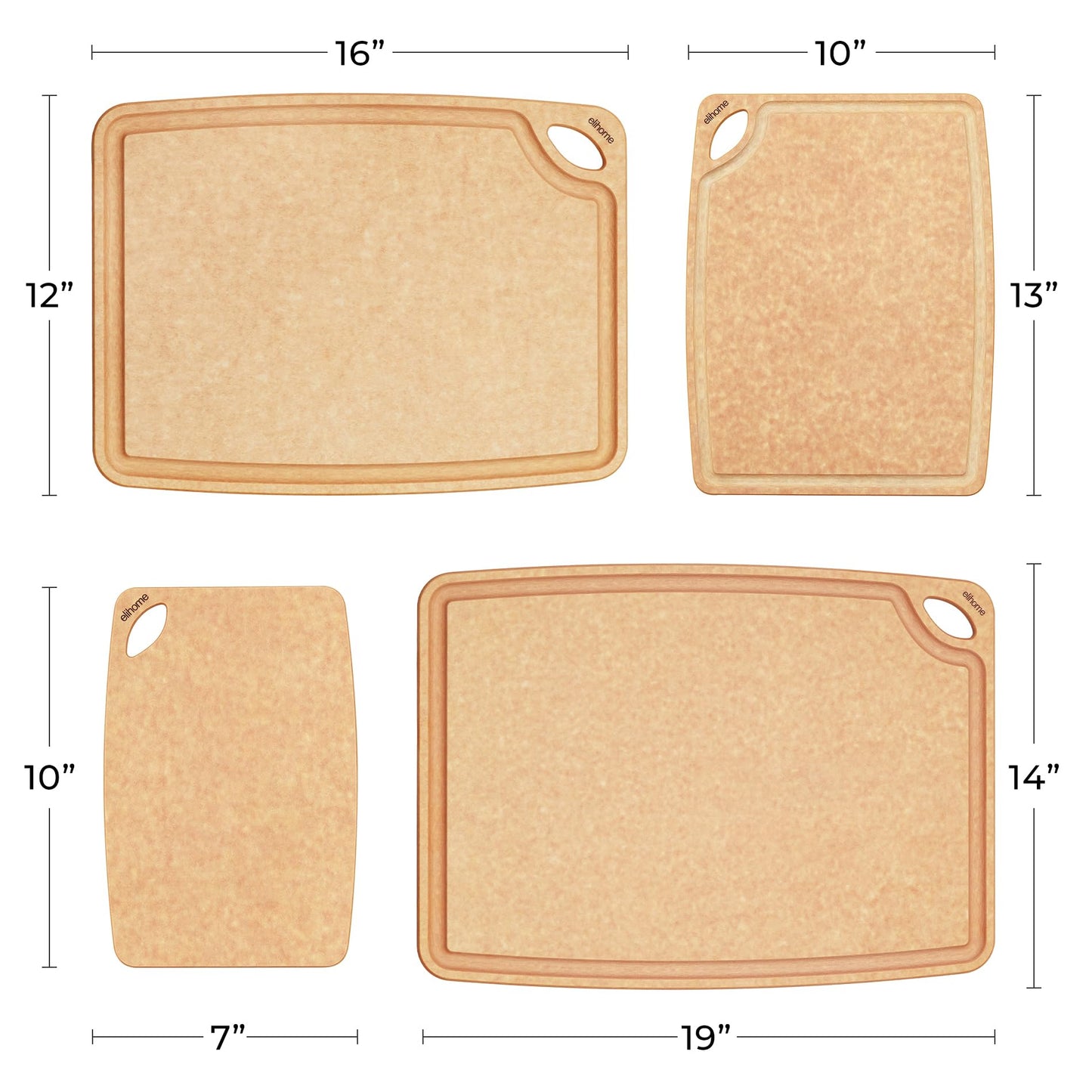 Elihome Classic Series 4-in-1 Cutting Board Set for Kitchen, Natural Wood Fiber Composite, Dishwasher Safe, Eco-Friendly, Juice Grooves with Easy Grip Handles,Non Porous, BPA Free, Made in USA