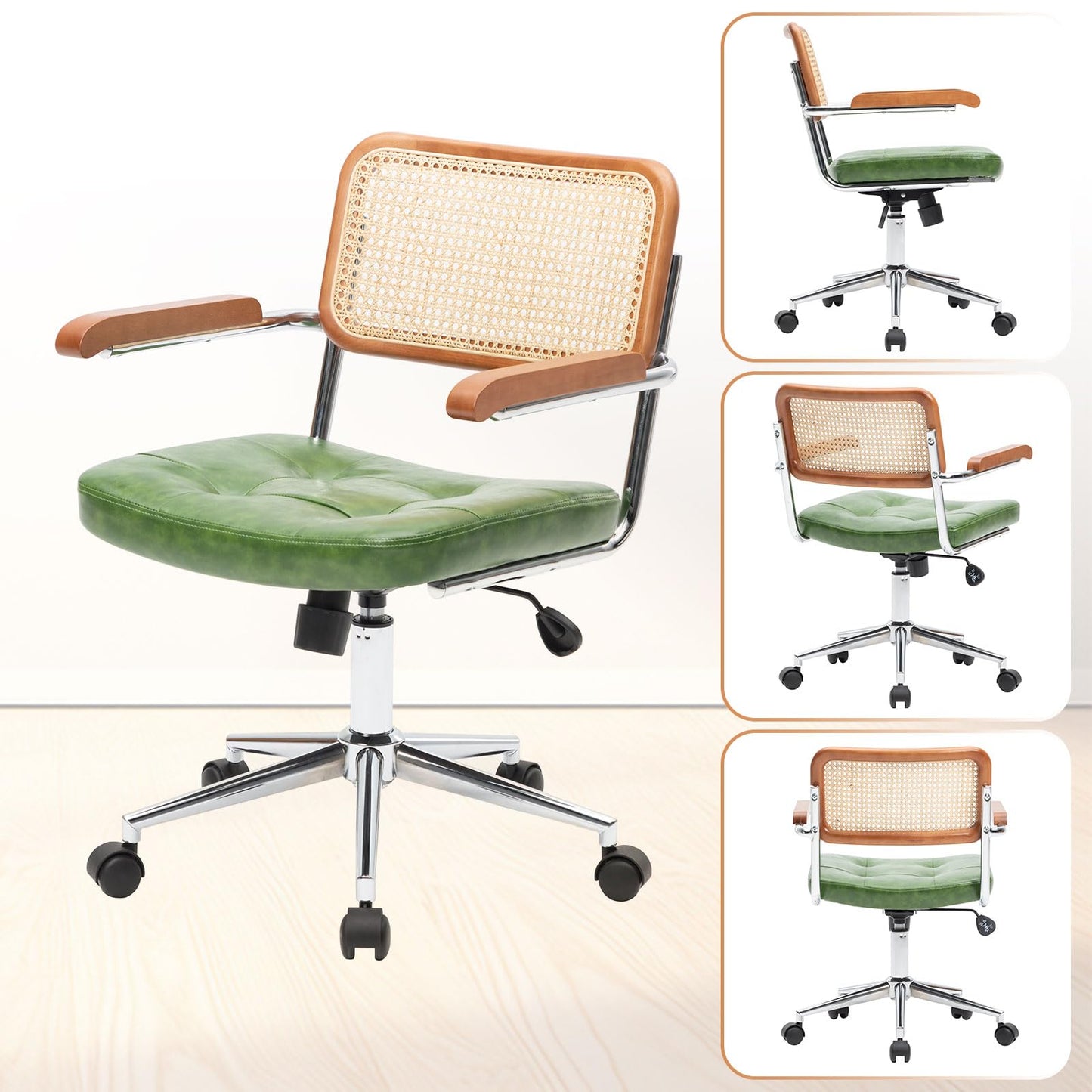 BALIAA Rattan Office Chairs, Modern Rattan Desk Chair with Natural Back & Wood Armrest, Small Upholstered Tufted Leather Home Office Desk Chairs for Home Office, Bedroom, Study, Green