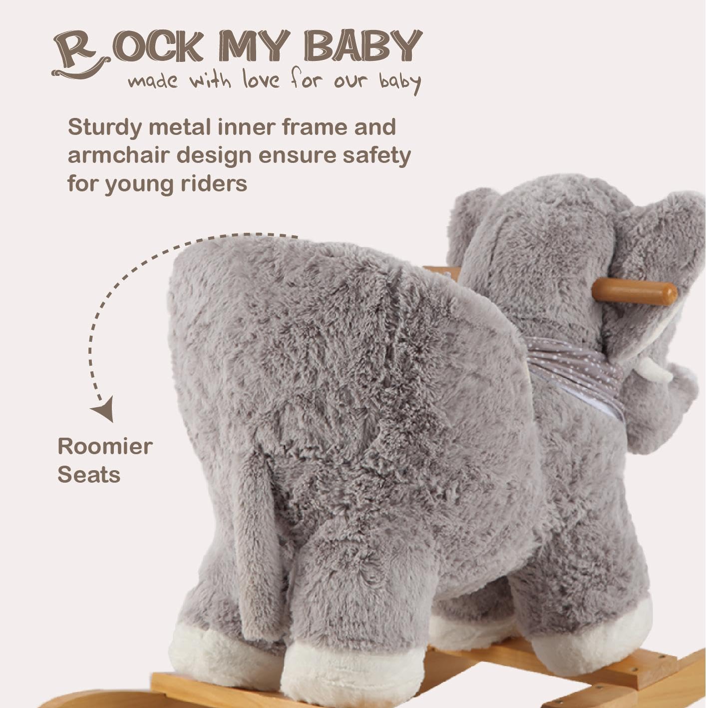Baby Rocking Elephant, Plush Toddler Rocker with Music & Safety Seat, Sturdy Wooden Ride-On Toy for 1-3 Years, Soft Animal Rocking Horse, CPC Certified (Gray Elephant)