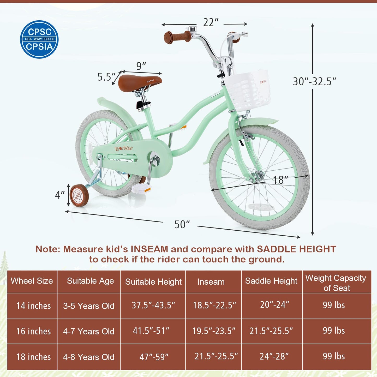 BABY JOY Kids Bike, 18 Inch Boys Girls Bike for 4-8 Years Old w/Training Wheels, Adjustable Seat, Removable Basket, Handbrake & Coaster Brake, Kids Bicycle (Mint Green)