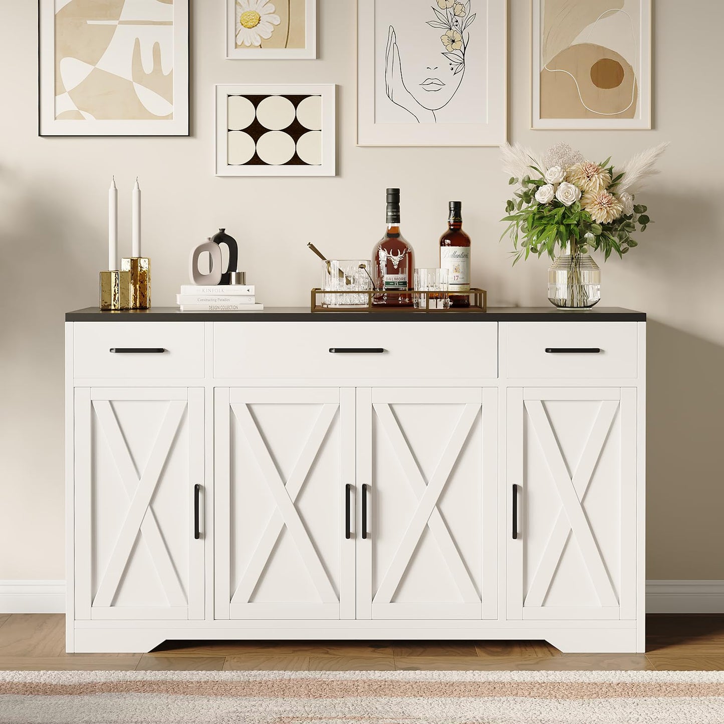 SLEKVERSA 55" Sideboard with Storage Kitchen Storage Cabinet with 3 Drawers, Modern Large Wood Farmhouse Buffet Cabinet TV Stand Coffee Bar for Living Room Hallway