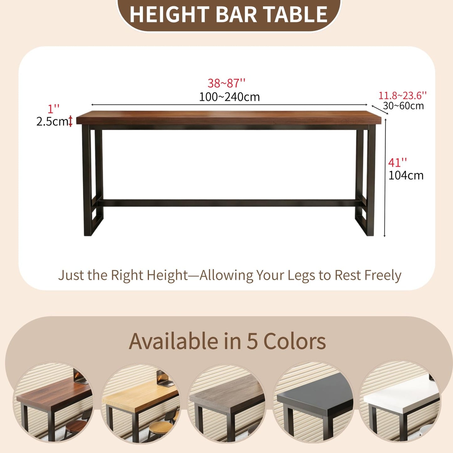ORNDYDM 41 Inch Narrow Bar Table with Solid Wood Top - Tall Counter Height Dining Bar Table on Metal Frame, Saving Pub Table for Kitchen,Living Room,Behind Couch or Coffee Shop(Chair Not Included)