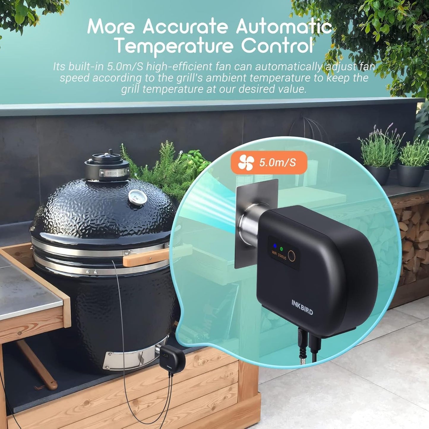 INKBIRD Wi-Fi and Bluetooth BBQ Temperature Controller, Automatic Smoker Fan Thermometer, with 4 Probes for Green Egg, Kamado Joe, Primo, Ceramic Grills, with 2 Size Adapters, Storage Carrying Case