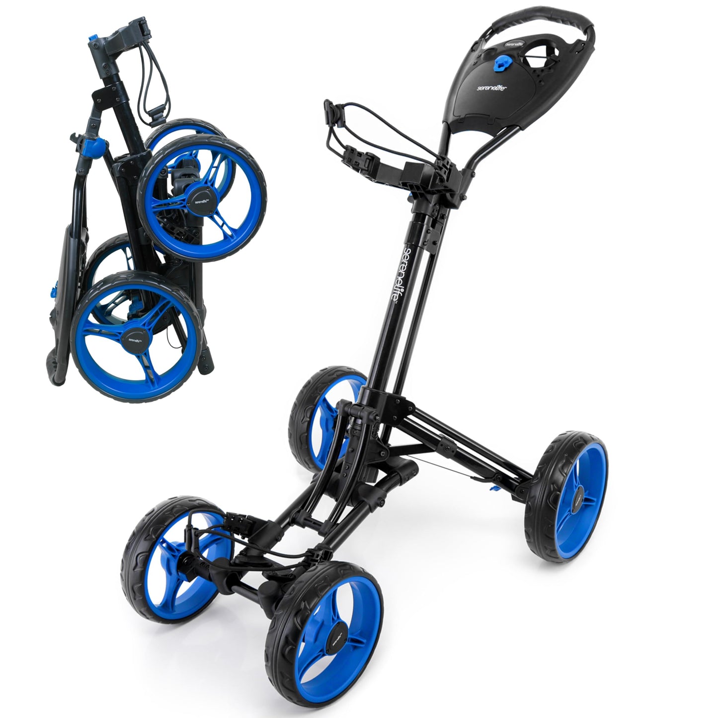 SereneLife 4 Wheel Golf Push Cart, Durable Aluminum Frame Folding Golf Hand Cart with Adjustable Handle, Brakes, Storage Holder, Lightweight and Collapsible Design for Easy Transport