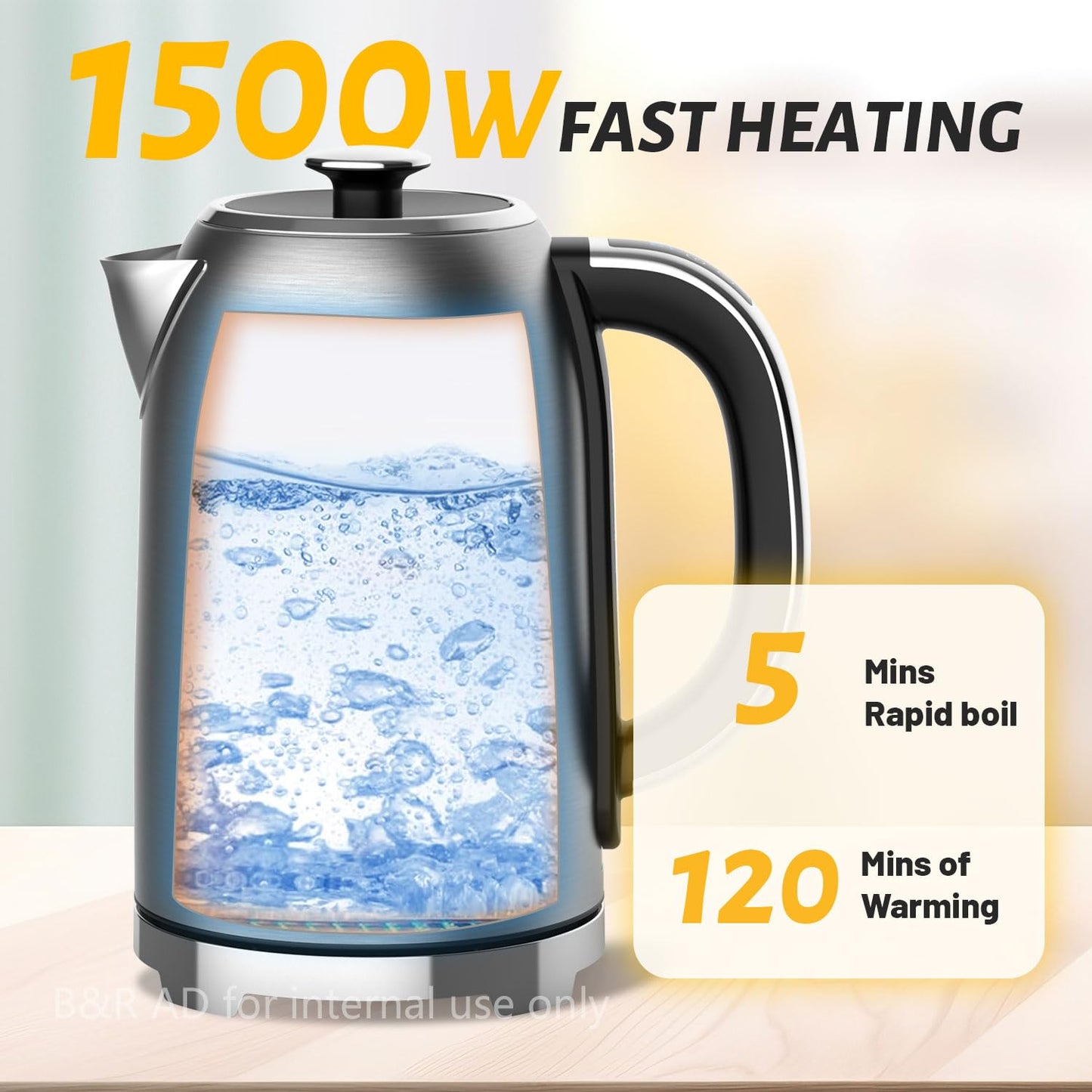 BOHOME Electric Kettle, 1.7L/1500W, Stainless Steel, Digital Touch Panel, Keep Warm Function, Auto Shutoff, BPA-Free, Hot Water Kettle for Coffee & Tea, No Plastic Contact with Water (Black)