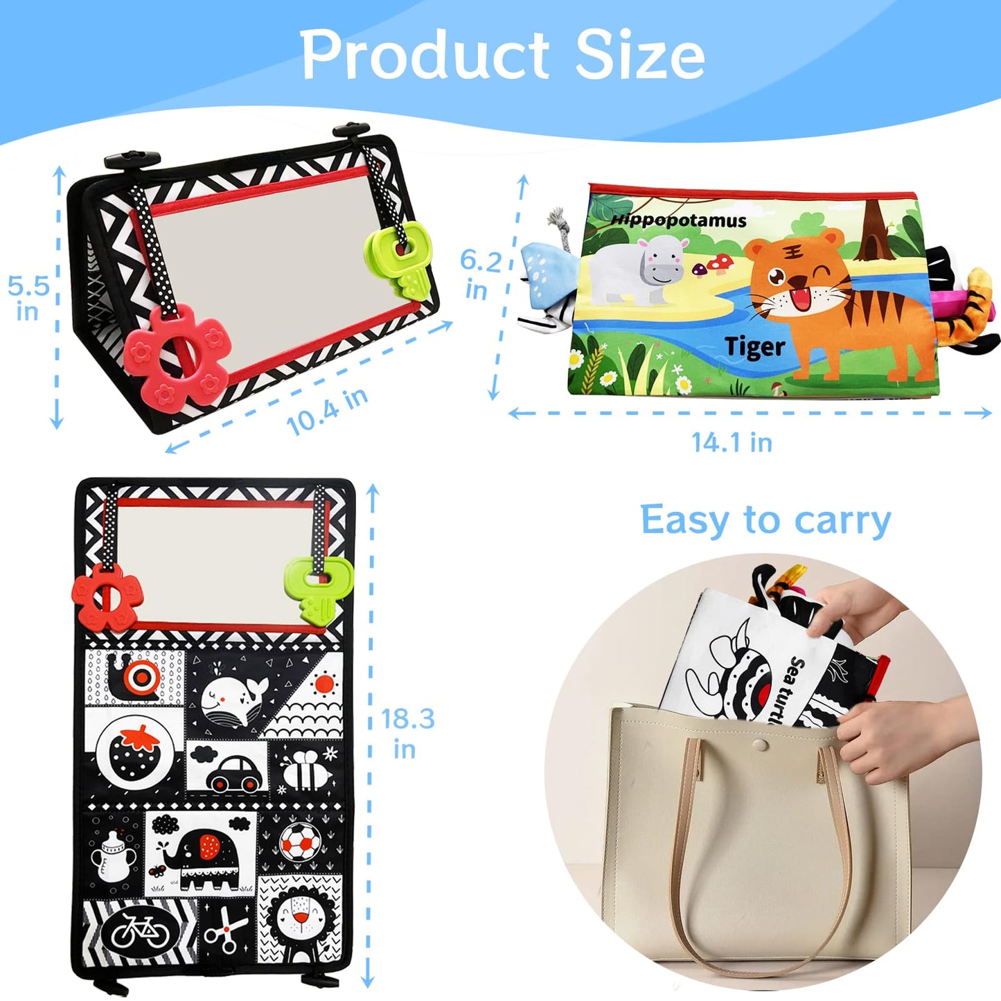 Autumety Tummy Time Mirror Newborn Toys: Black and White Infant Tummy Time Toys 0-3 0-6 6-12 Months Babies High Contrast Baby Toy with Book & Teethers Montessori Sensory Toy for Boy Girl Baby