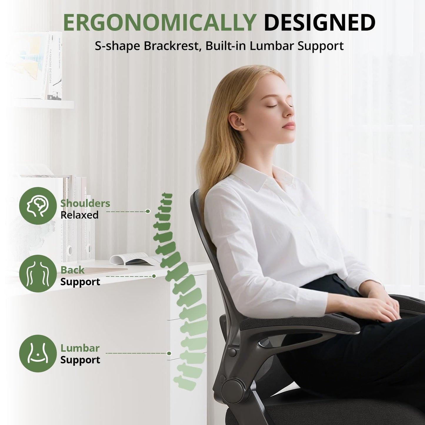 Office Chair 330 lbs Capacity, Ergonomic Breathable Mesh Desk Chair with Lumbar Support & Flip-Up Armrest, High Back Computer Chair for Home Office, Black