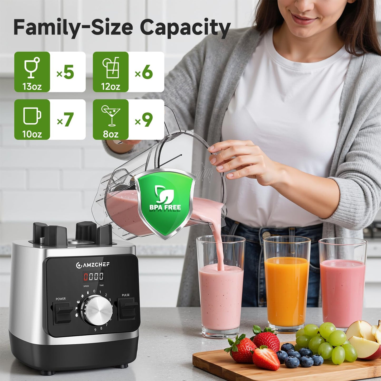 AMZCHEF Blender for Smoothies, 1800W High Power Countertop Blender, Ice Crushing Blender for Frozen Fruit with 6-Blade System, 68oz BPA-Free Pitcher, Variable Speed & Preset Programs