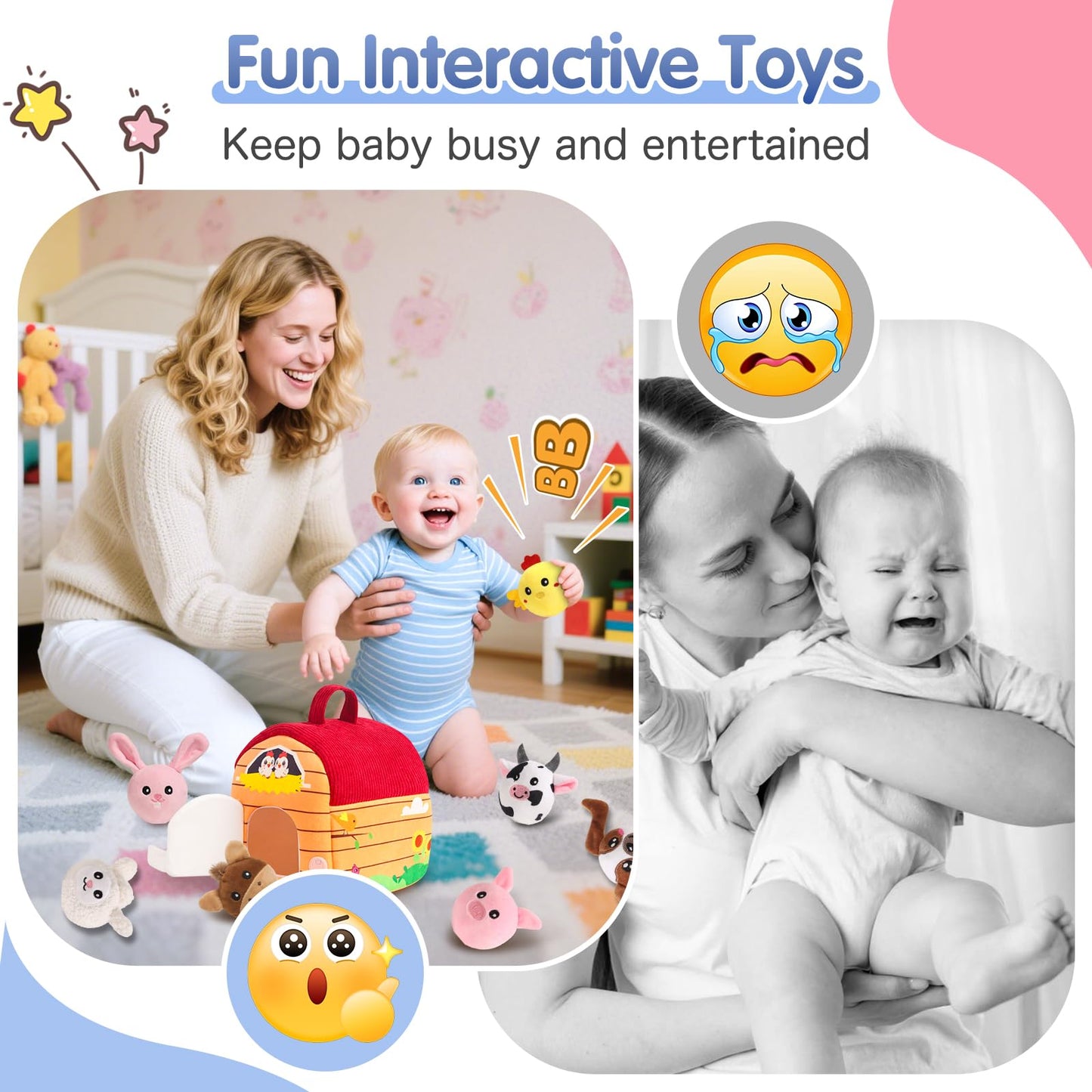 HuToYii Baby Toys 6-12 Months, Plush Barn with Stuffed Farm Animals, Sensory Rattle, Mirror, Crinkle, Montessori Toys for 6 Month Old Babies for Infant & Toddler 1-3 Boy and Girls